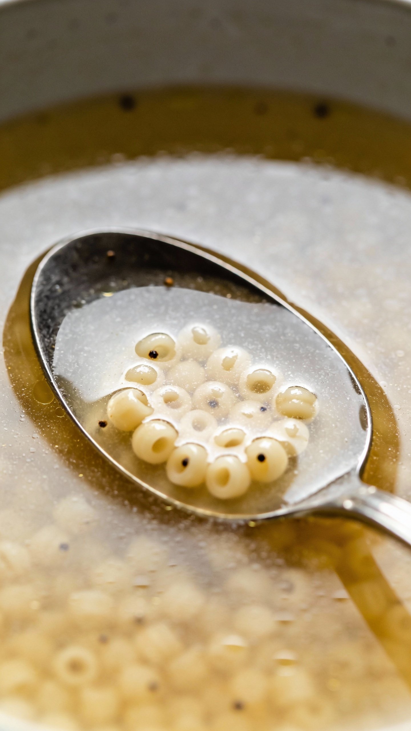 single acini di pepe pasta spoon over clear chicken broth
