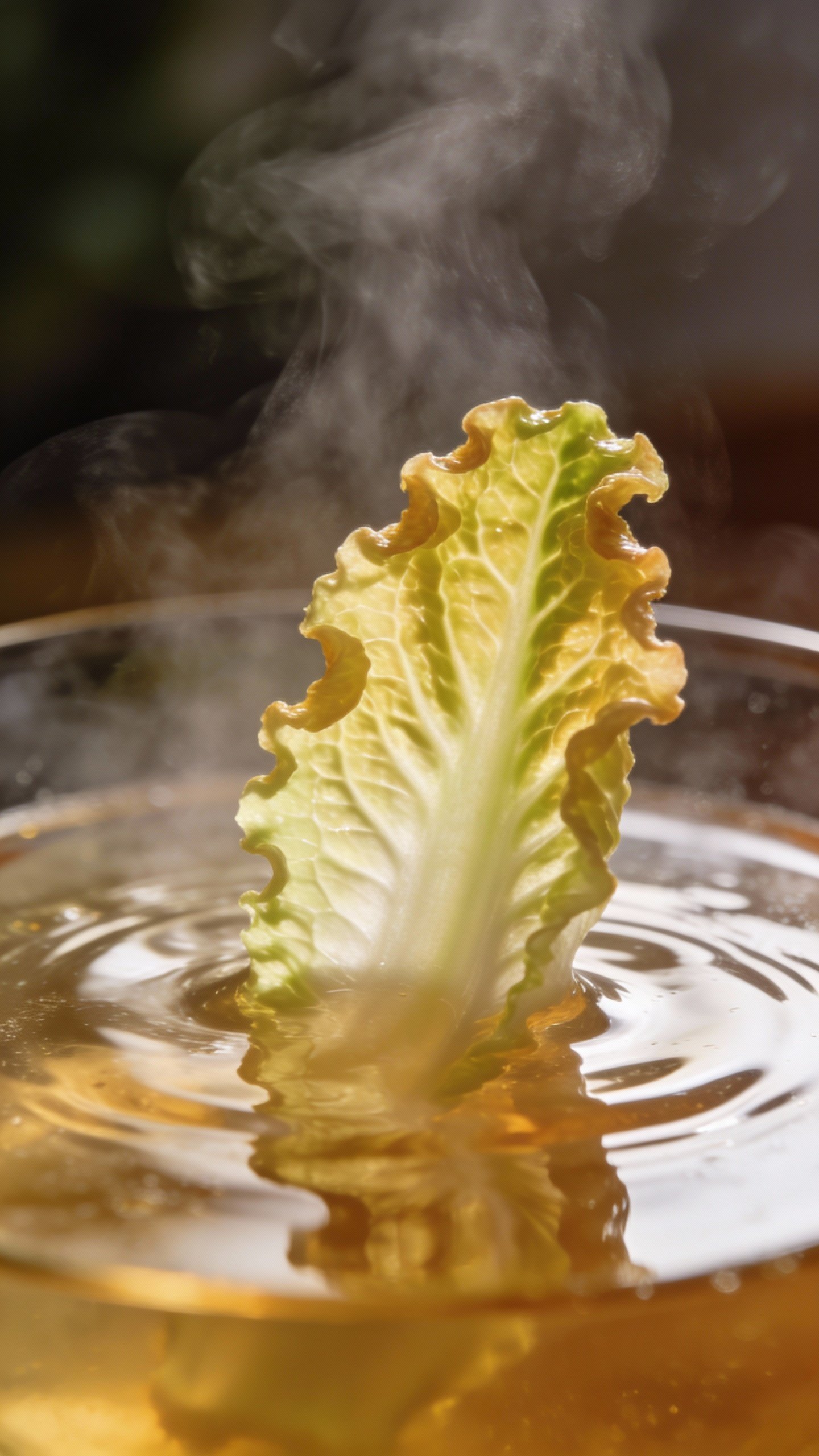 single escarole leaf dipped in steaming broth, studio lighting