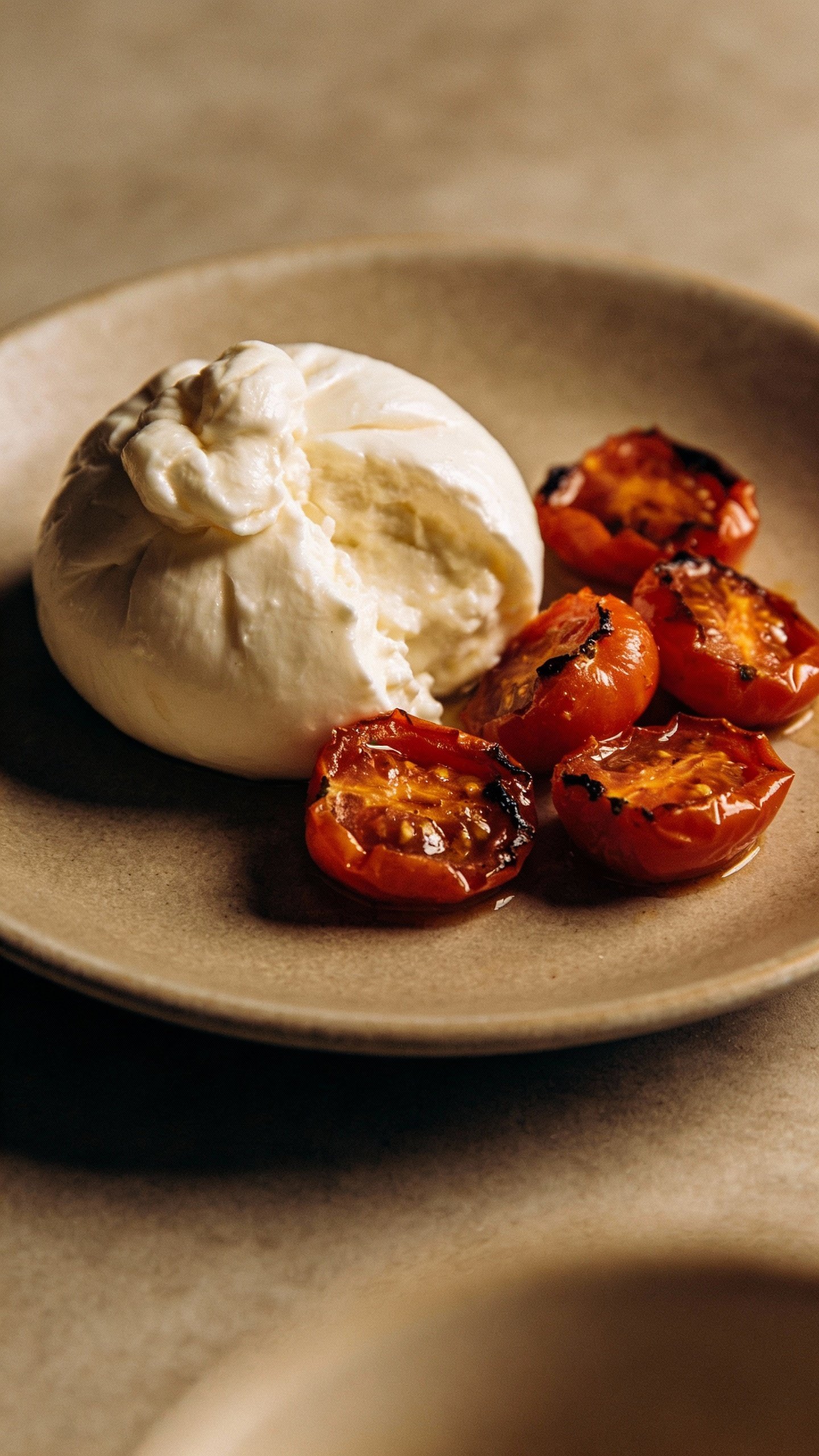 closeup burrata with jammy roasted tomatoes on ceramic plate