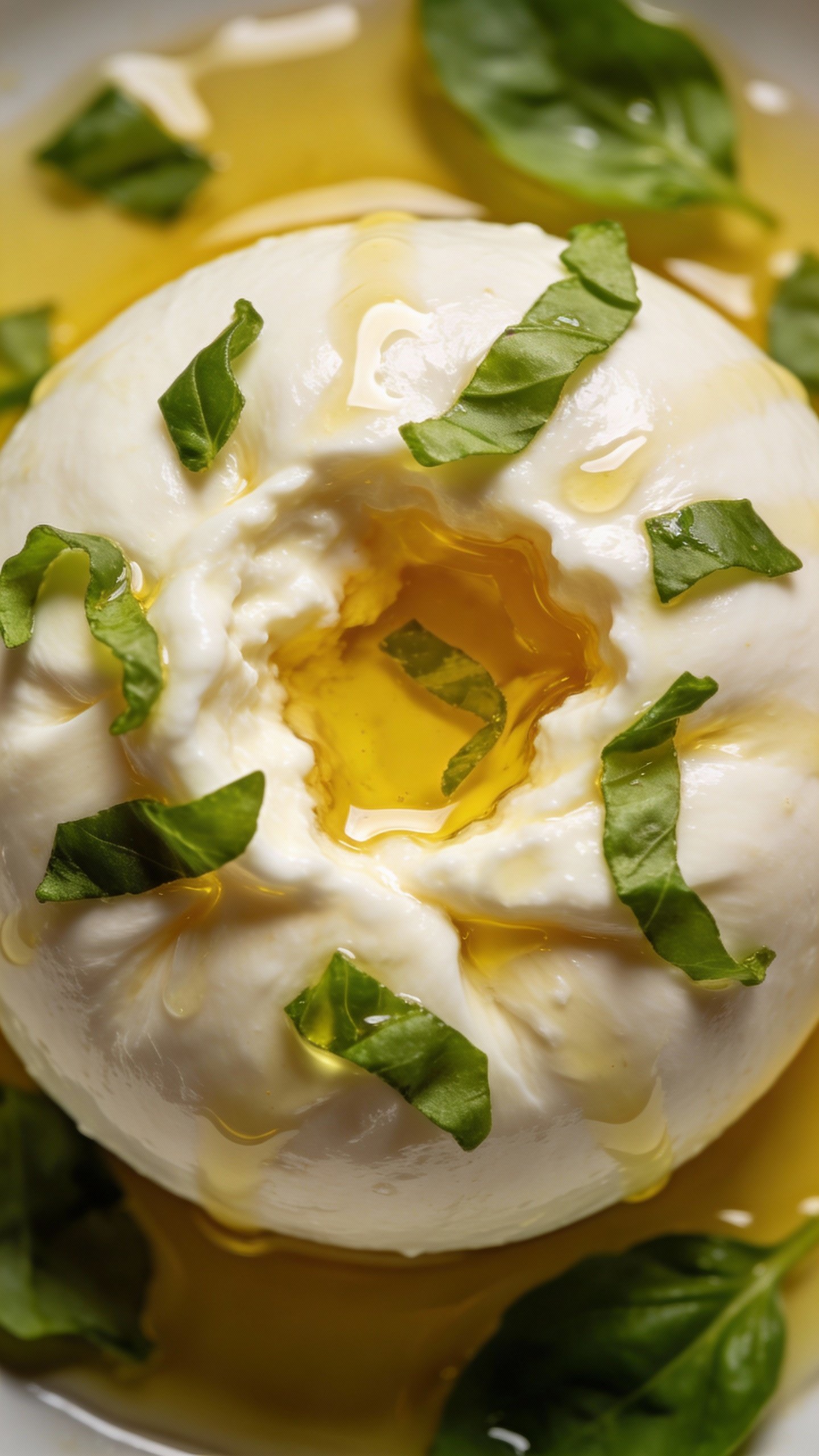 overhead burrata drizzled with olive oil, basil chiffonade