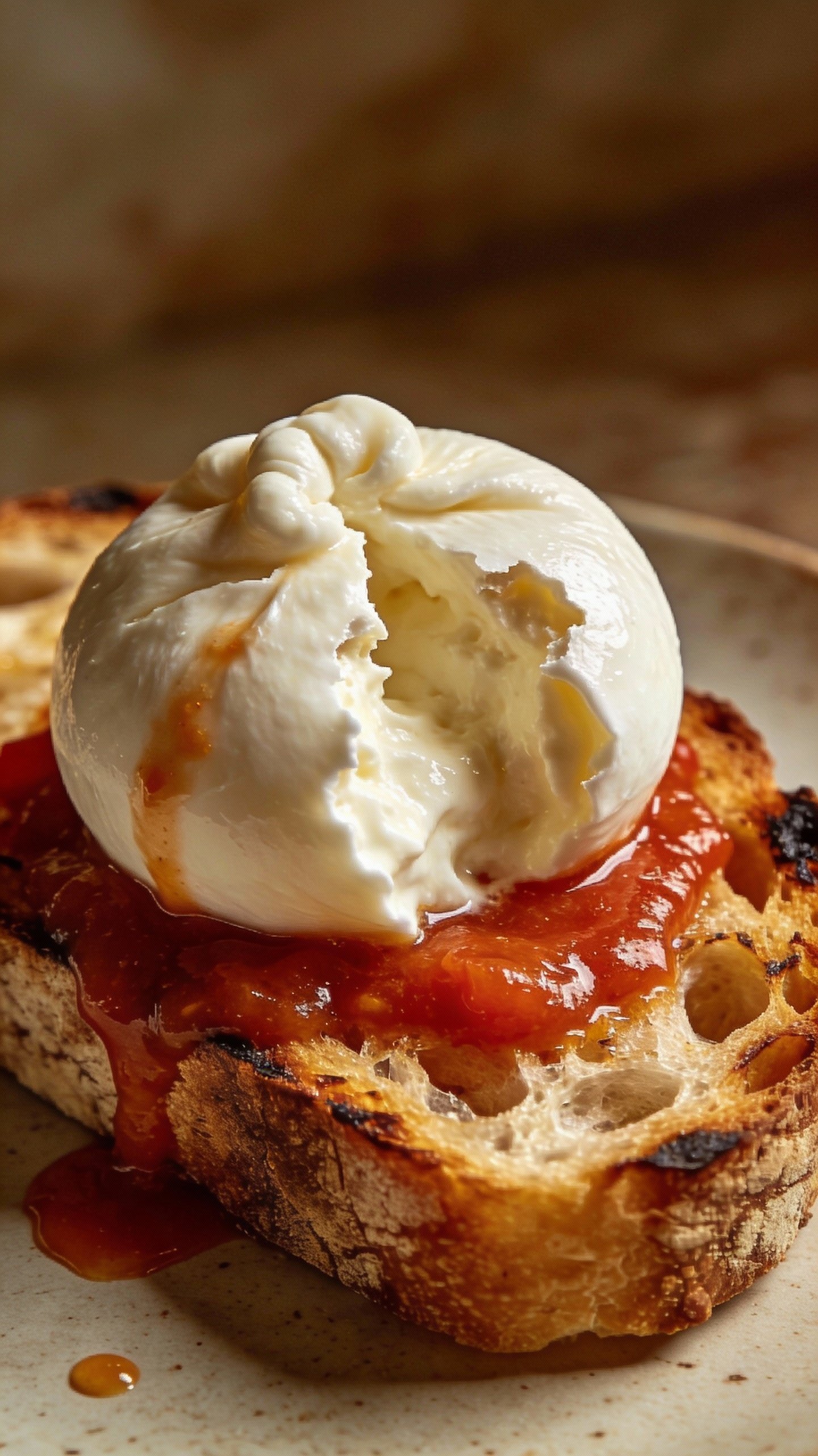 torn burrata on toasted sourdough, blistered tomato jus dripping
