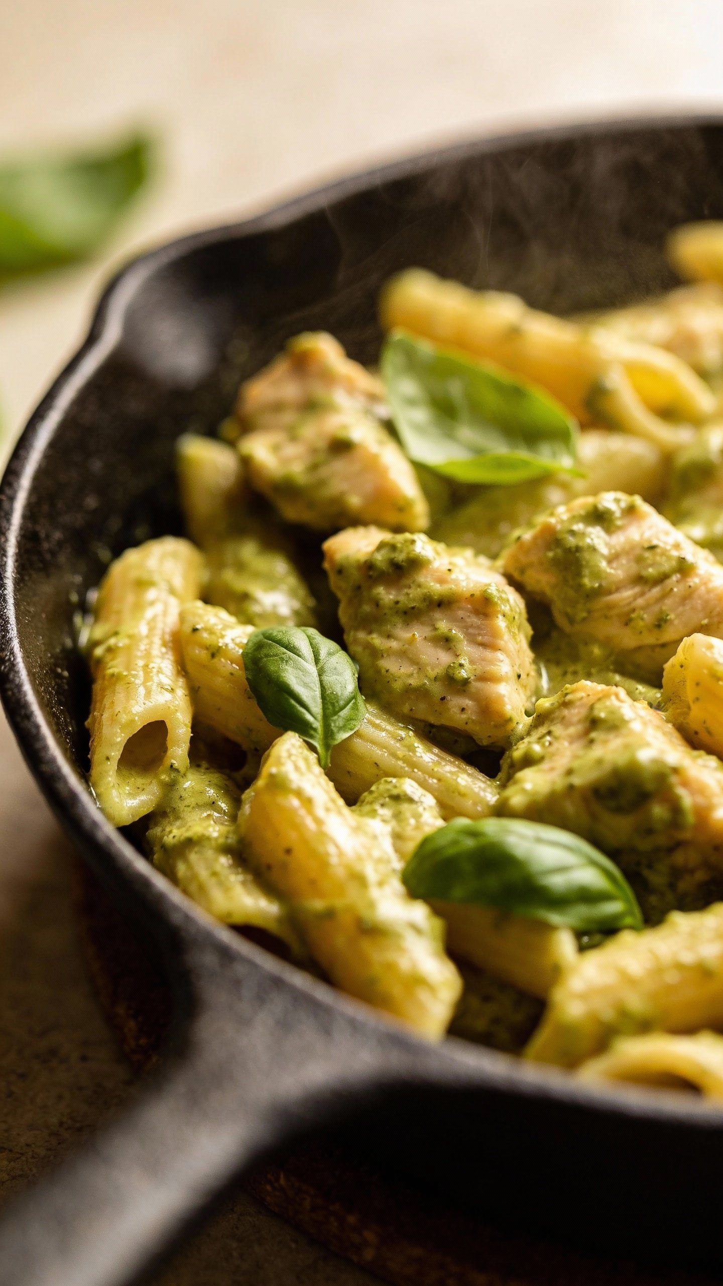 single skillet of creamy pesto chicken pasta, basil garnish