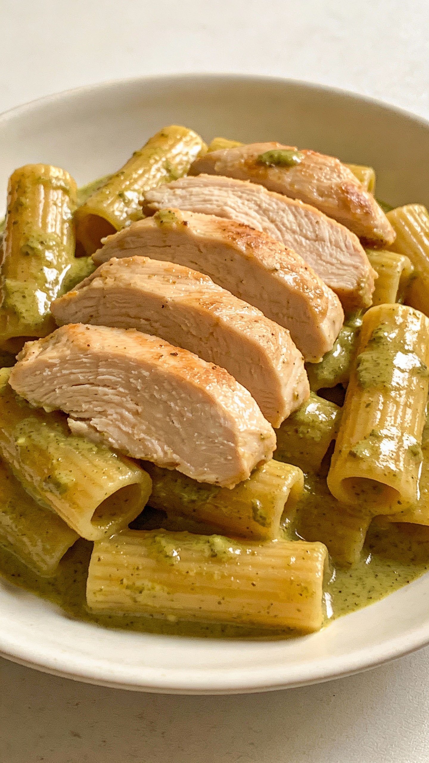 white plate of rigatoni in creamy pesto with sliced chicken