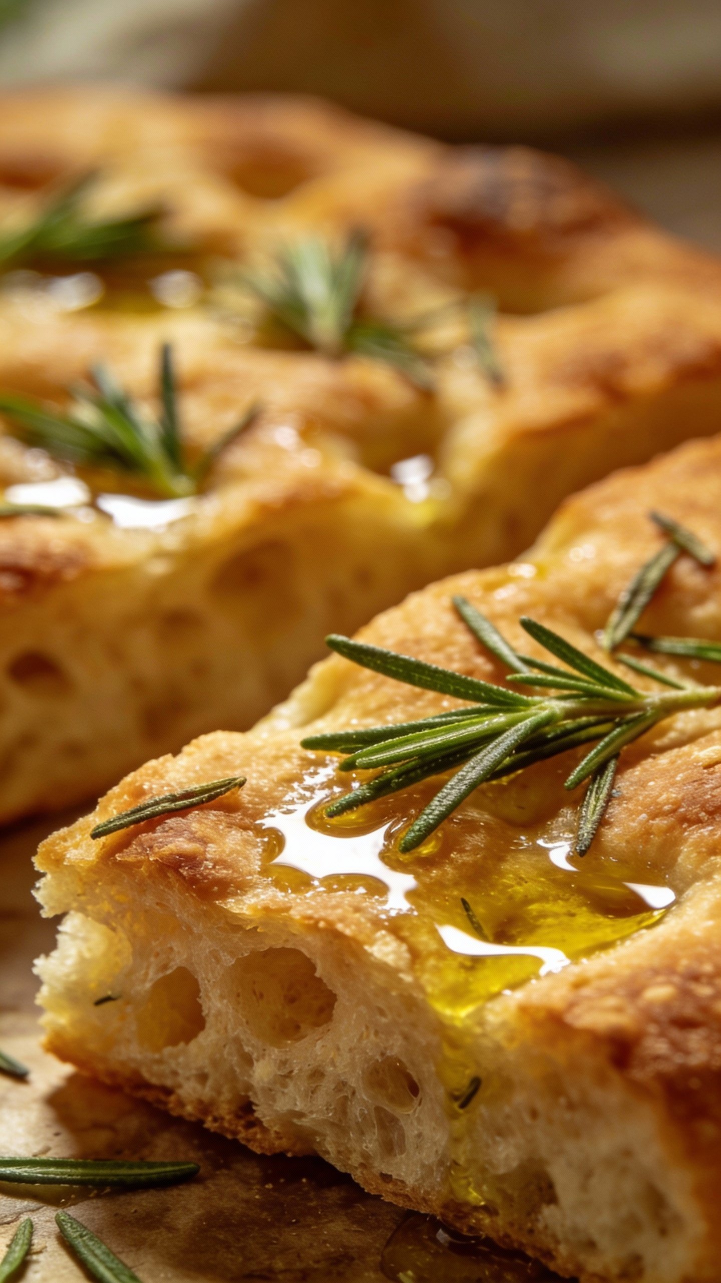 closeup of rosemary focaccia corner, olive oil shimmer
