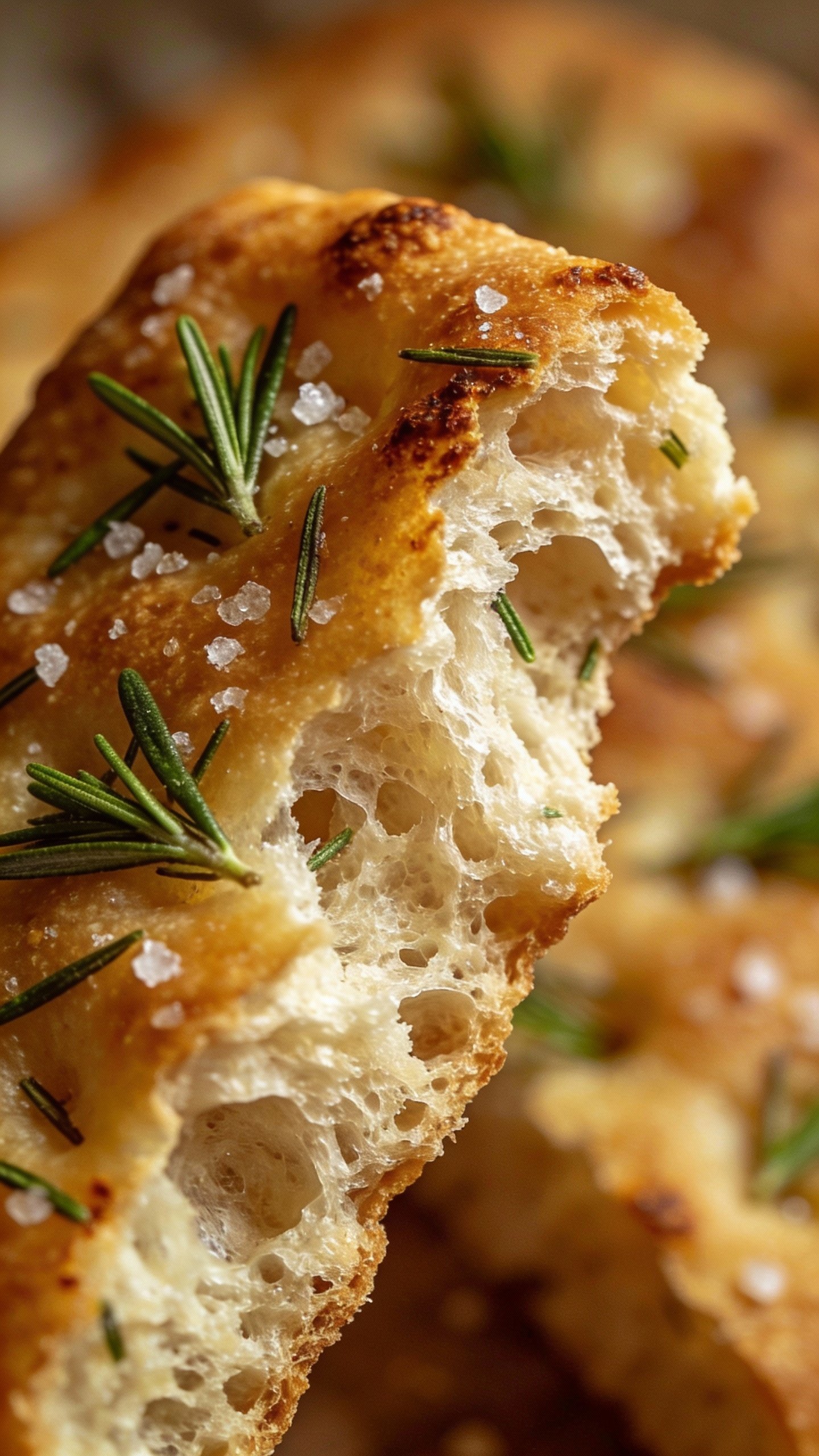 single slice of rosemary focaccia, torn to reveal crumb