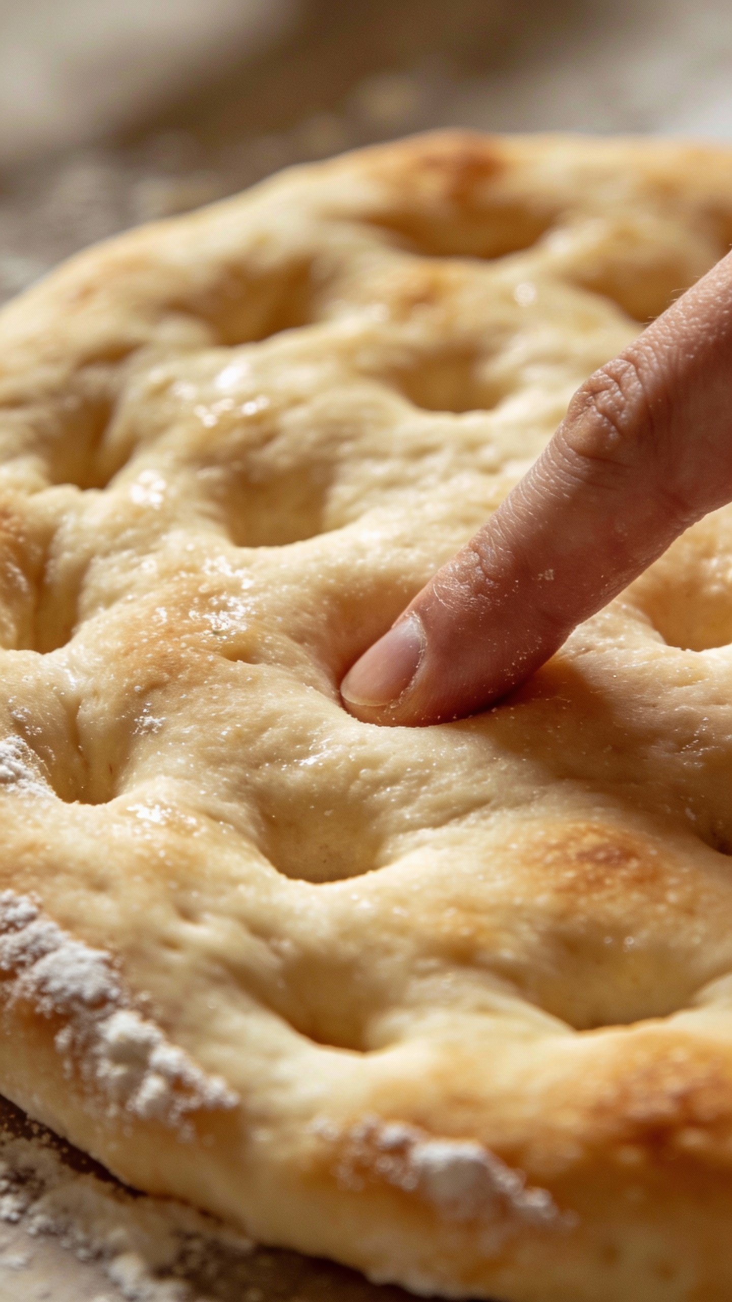 fingertip pressing dimples into raw focaccia dough