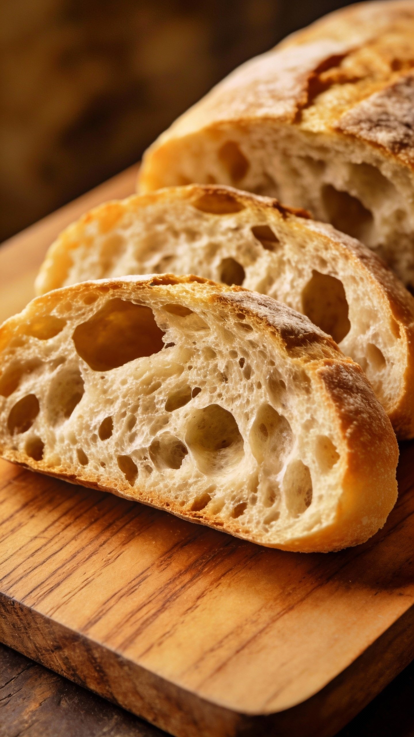 sliced ciabatta showing big irregular holes, on wooden board