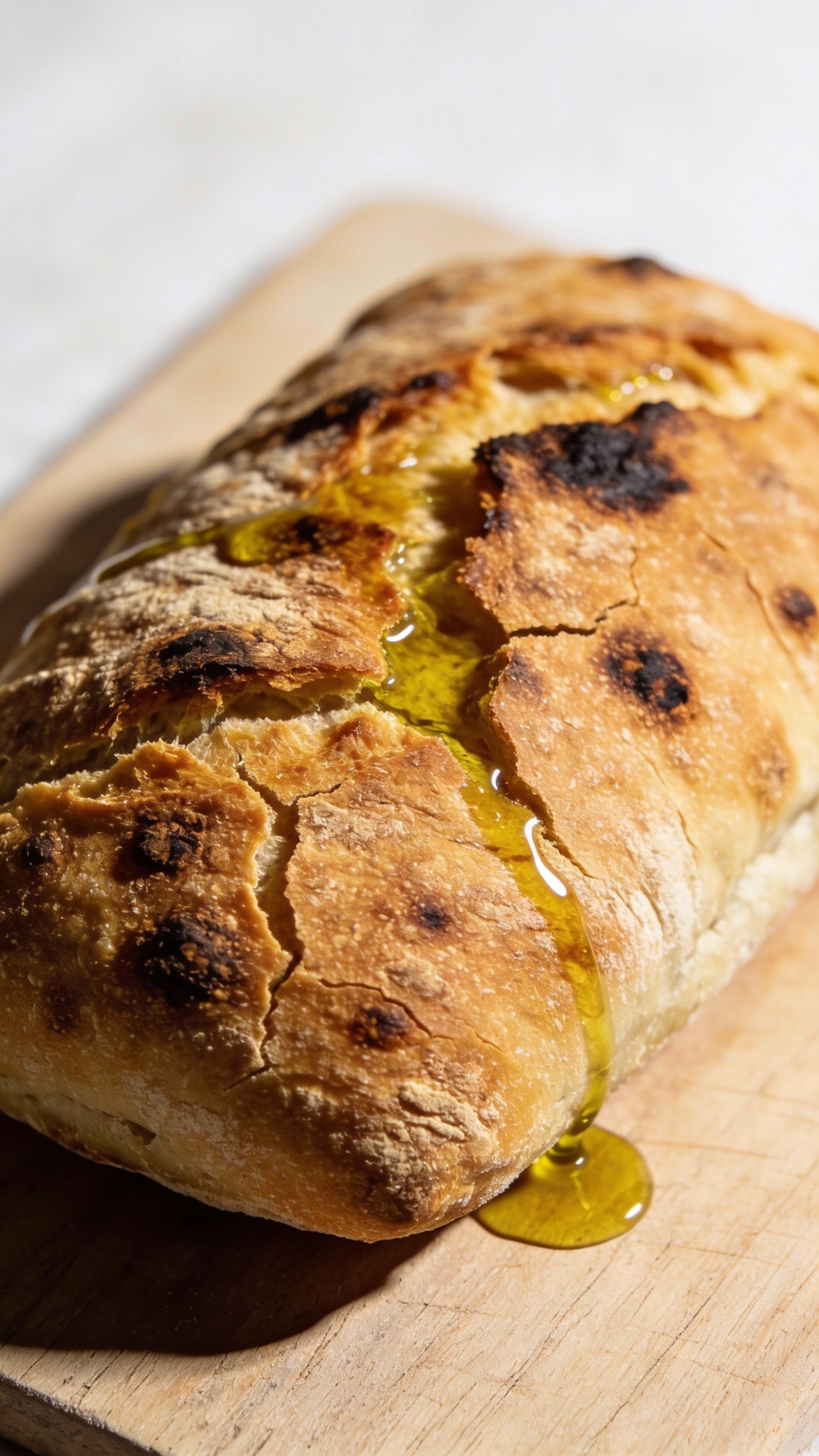 single ciabatta loaf drenched in olive oil, studio light