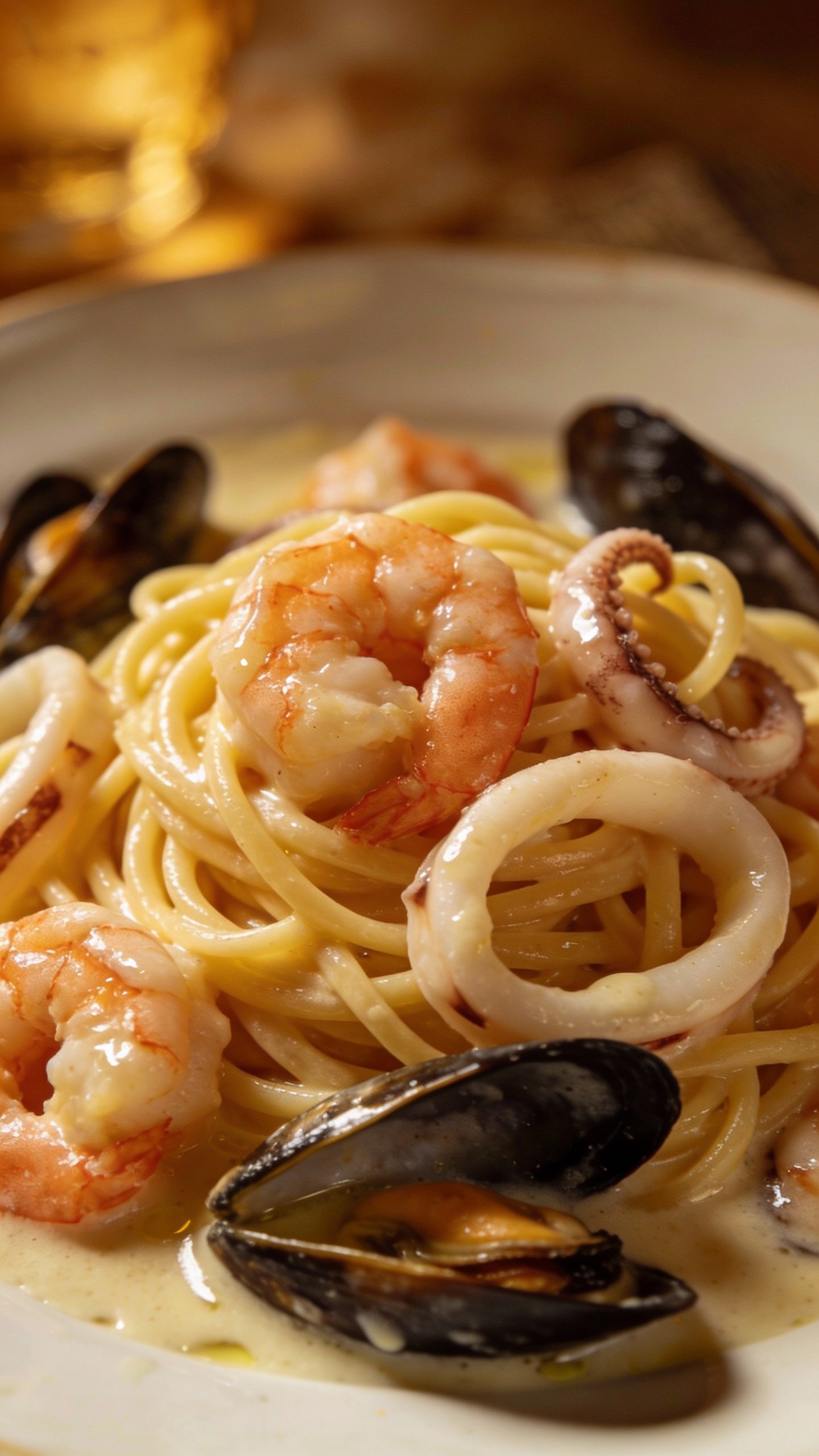closeup plate of seafood linguine in white wine sauce