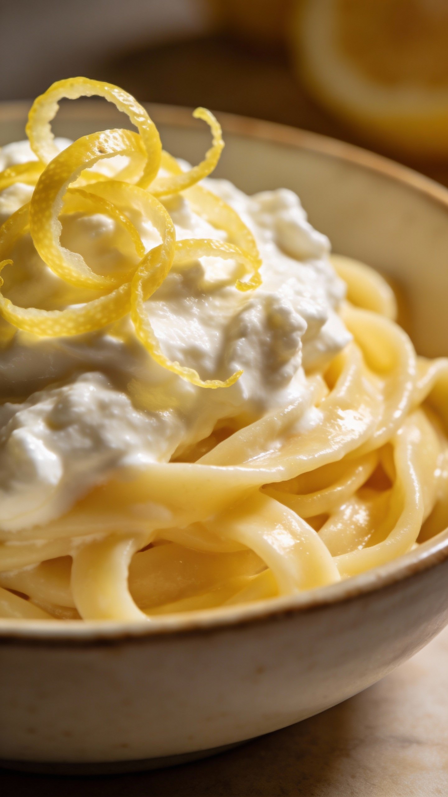 closeup bowl of lemon ricotta pasta with zest curls