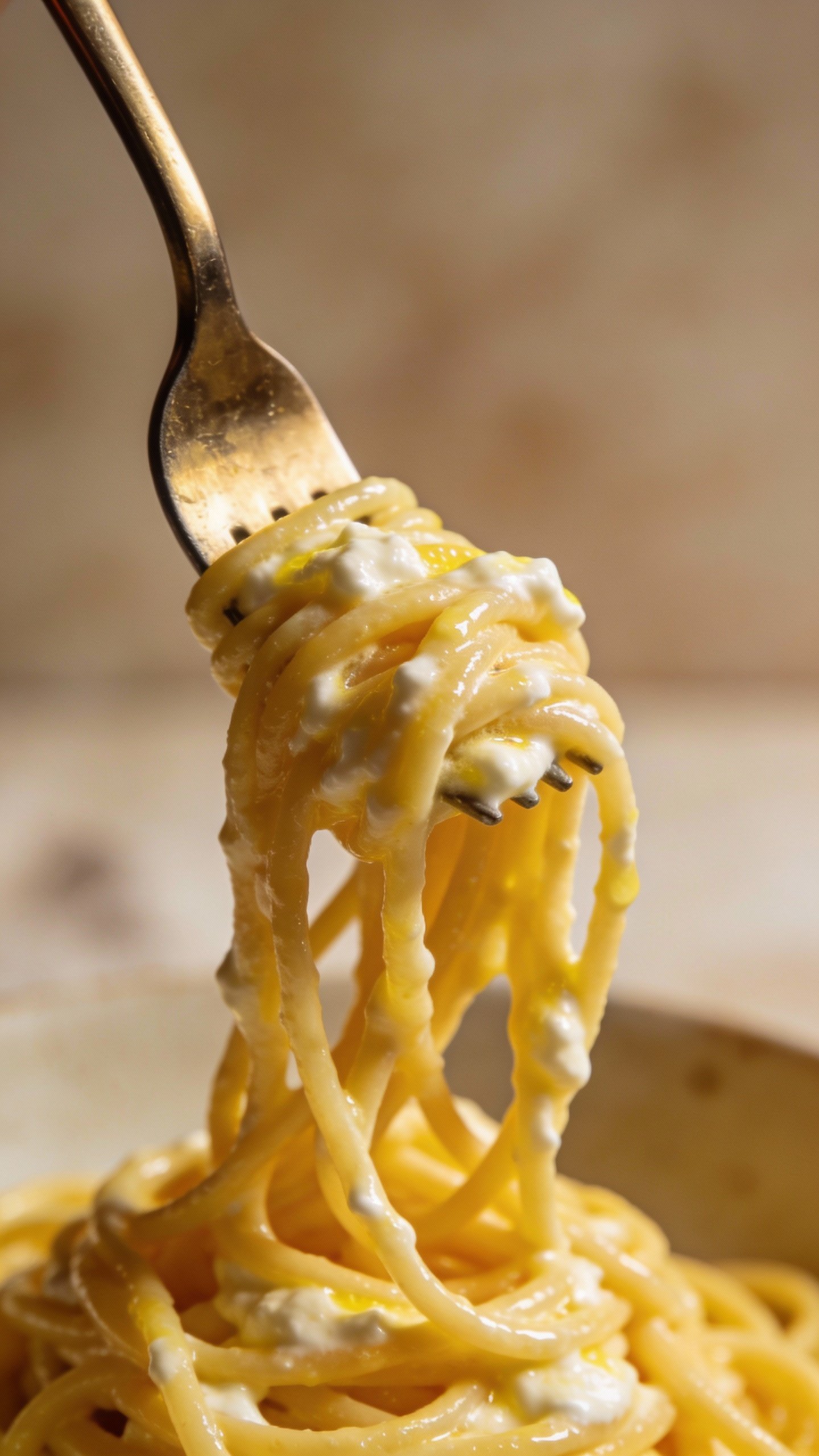 single fork twirl of lemon ricotta spaghetti, glossy sauce