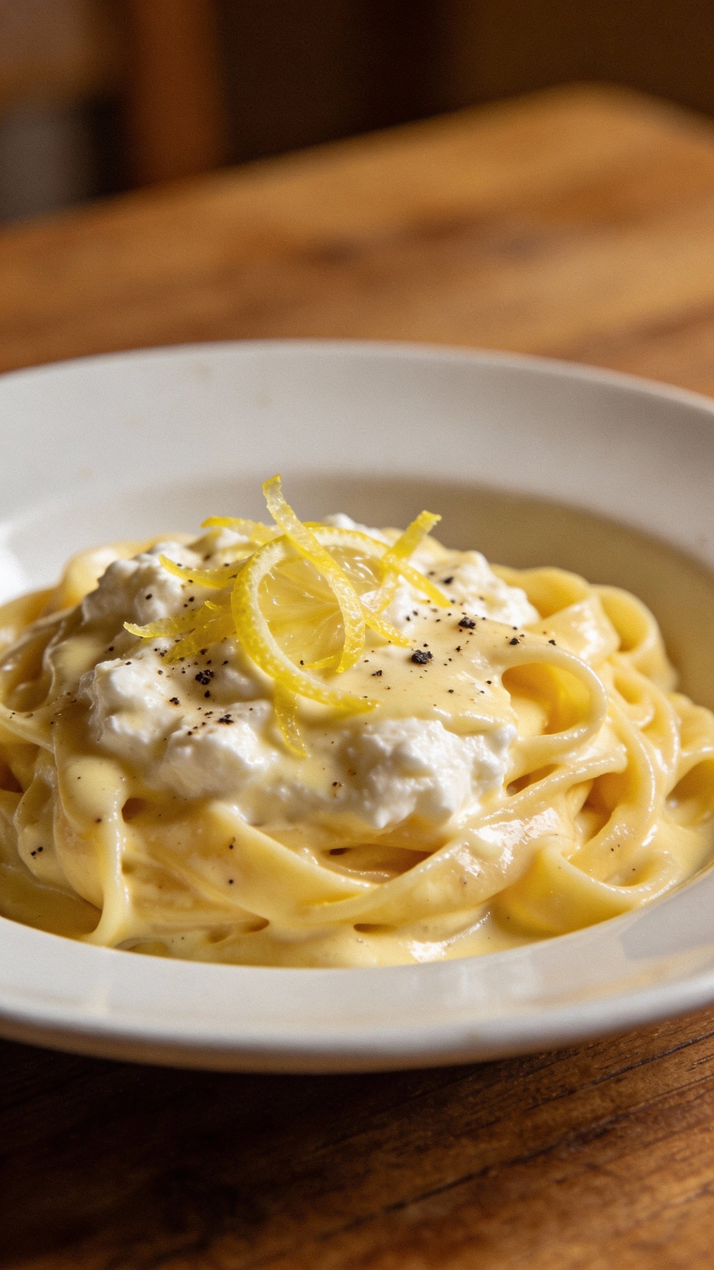 white plate of lemon ricotta pasta, cracked pepper garnish