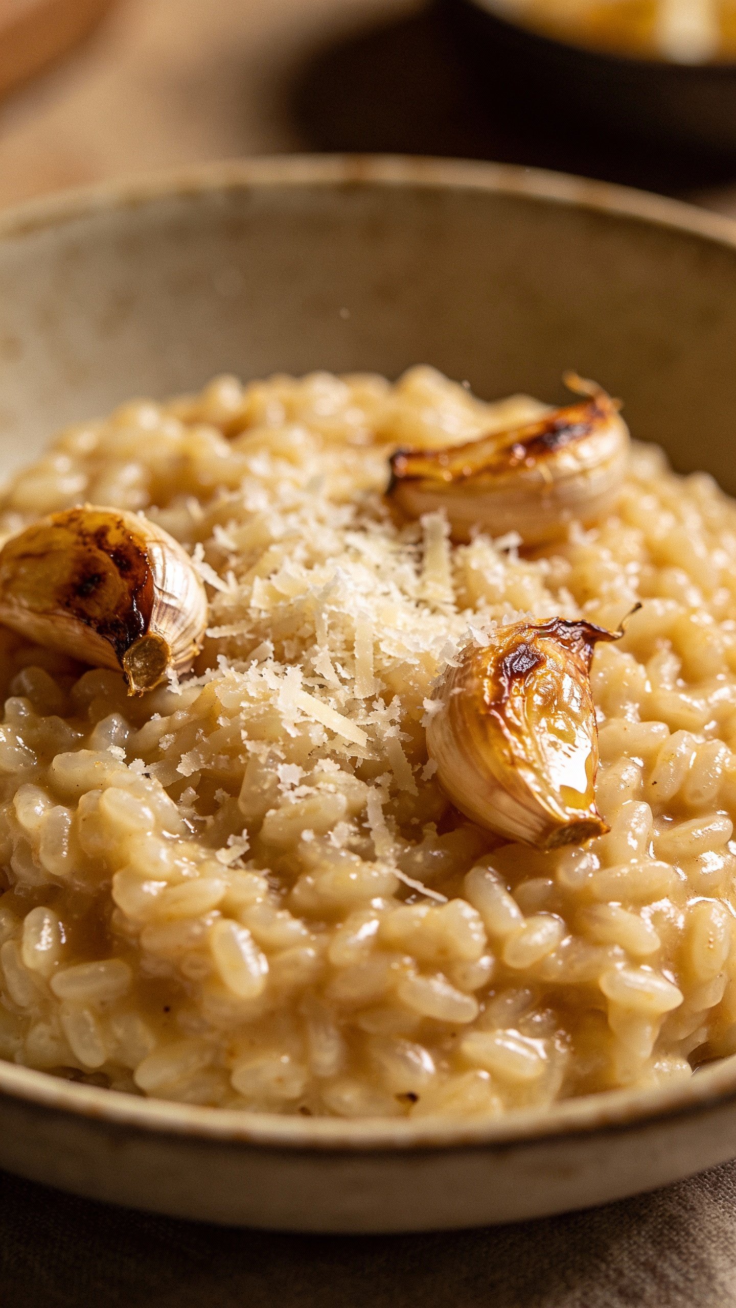 closeup bowl of roasted garlic parmesan risotto, glossy finish