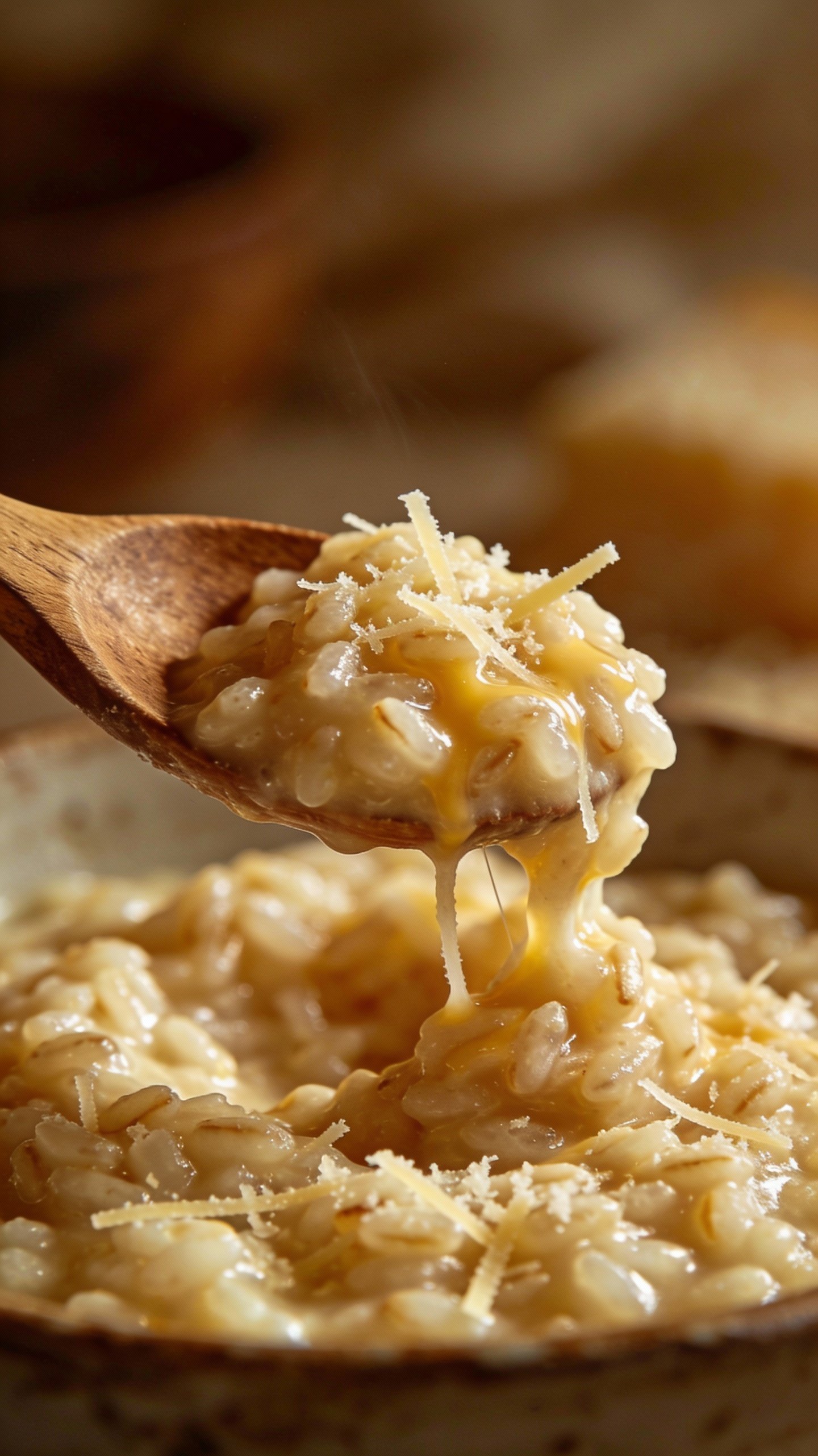 wooden spoon scooping creamy parmesan risotto, shallow depth of field