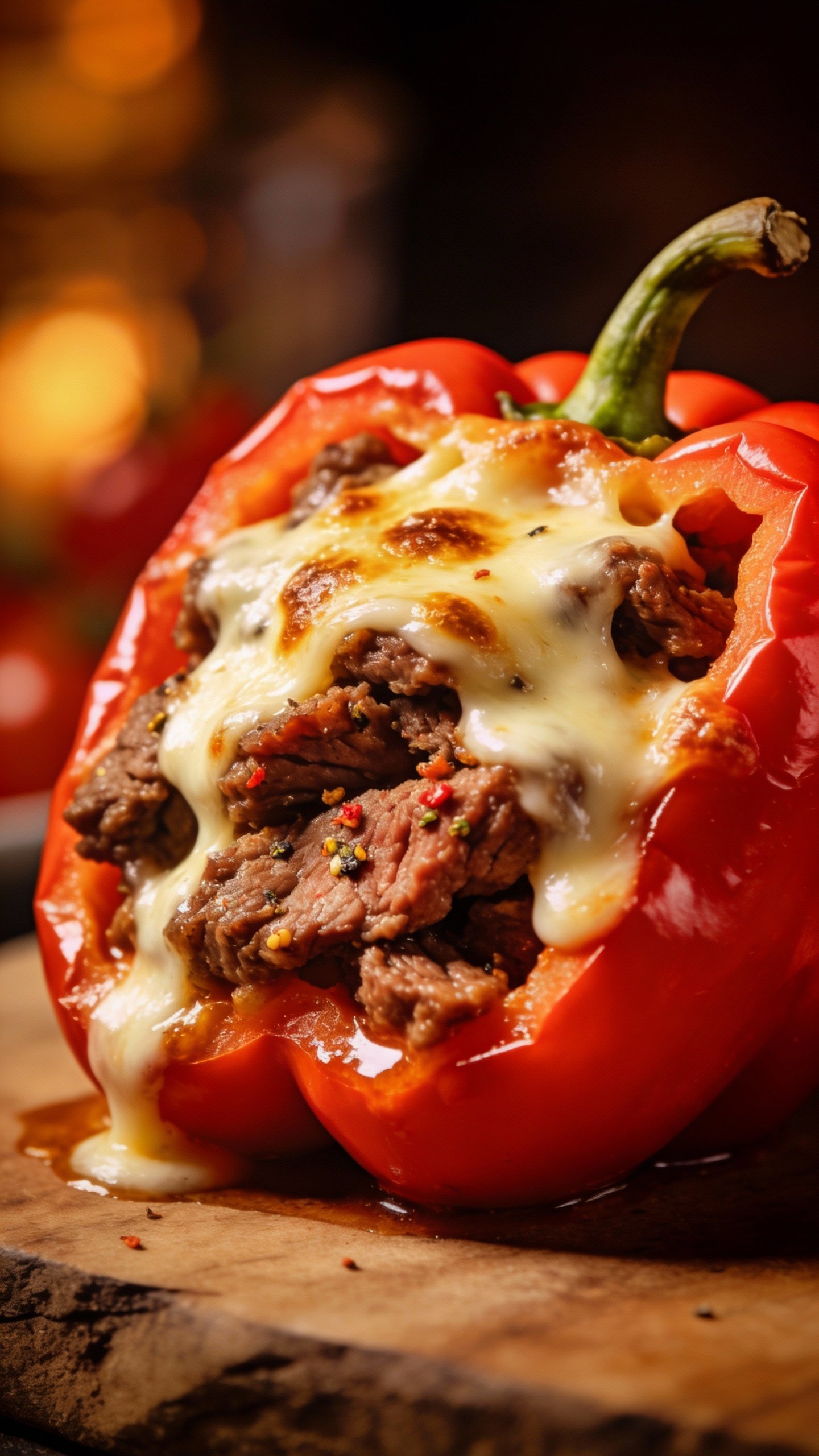closeup stuffed red bell pepper with Italian beef and melted mozzarella