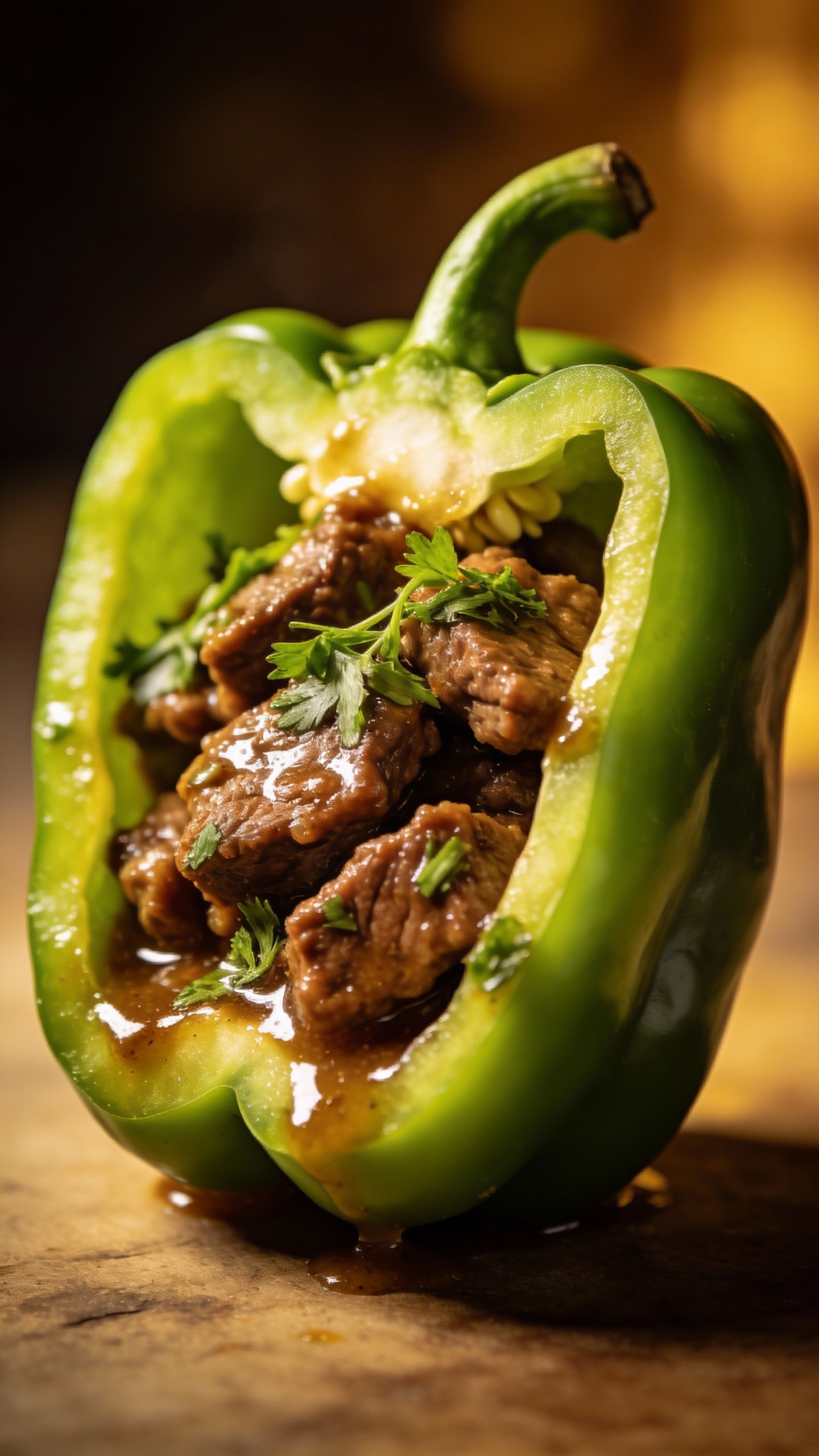 single halved green bell pepper filled with saucy beef and herbs