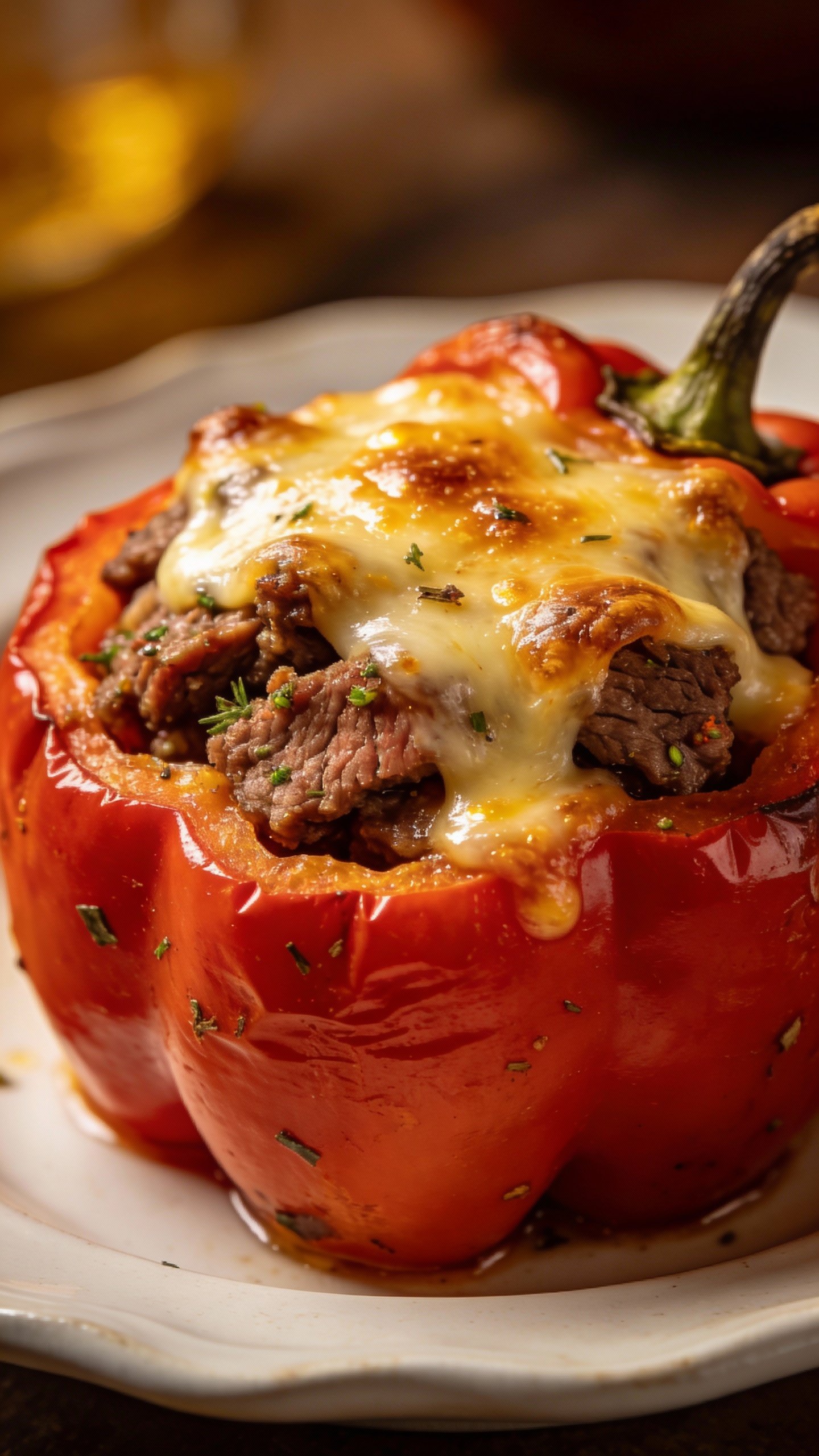 plated Italian beef stuffed pepper topped with broiled cheese, shallow depth