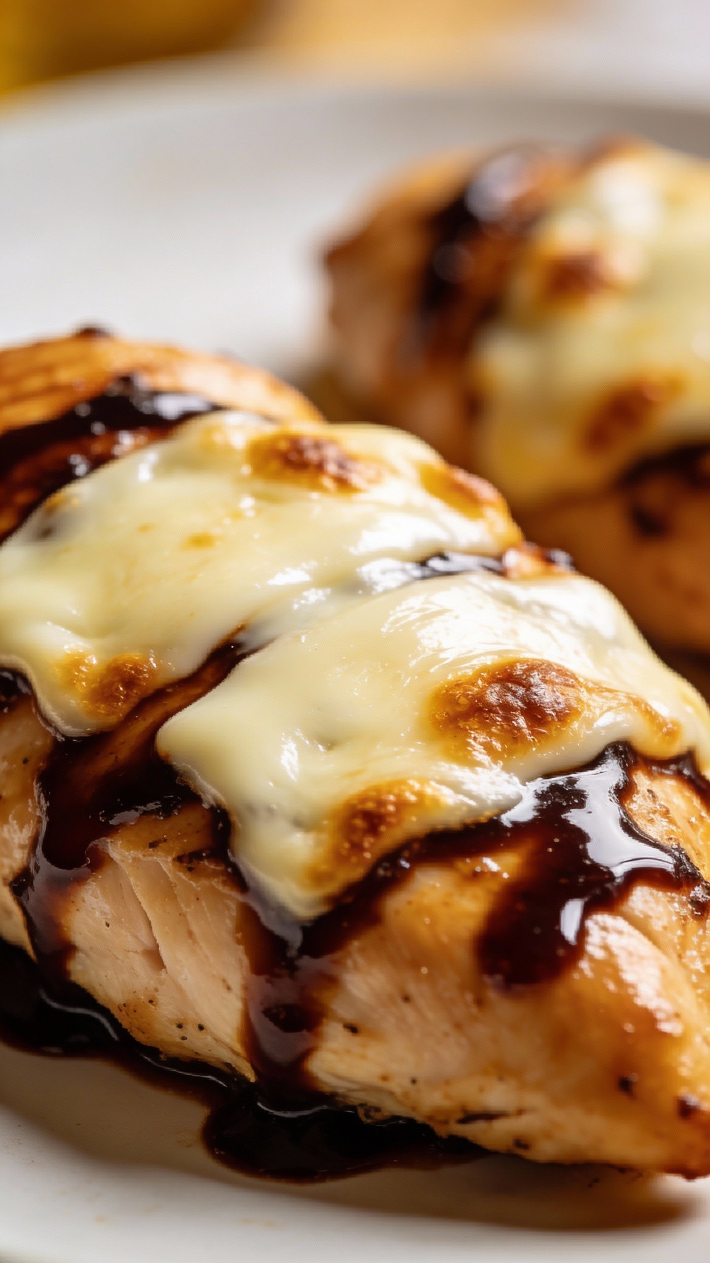 closeup balsamic glazed chicken breast topped with mozzarella