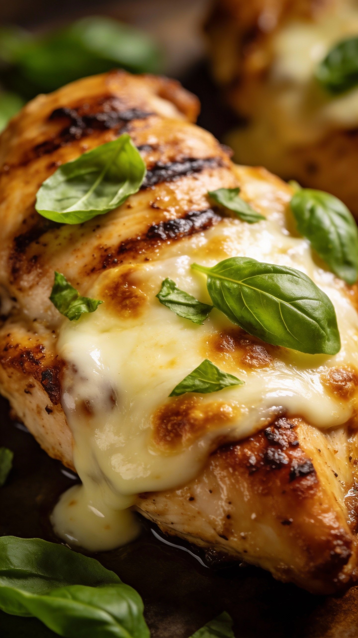 seared chicken thigh with melted mozzarella and basil closeup