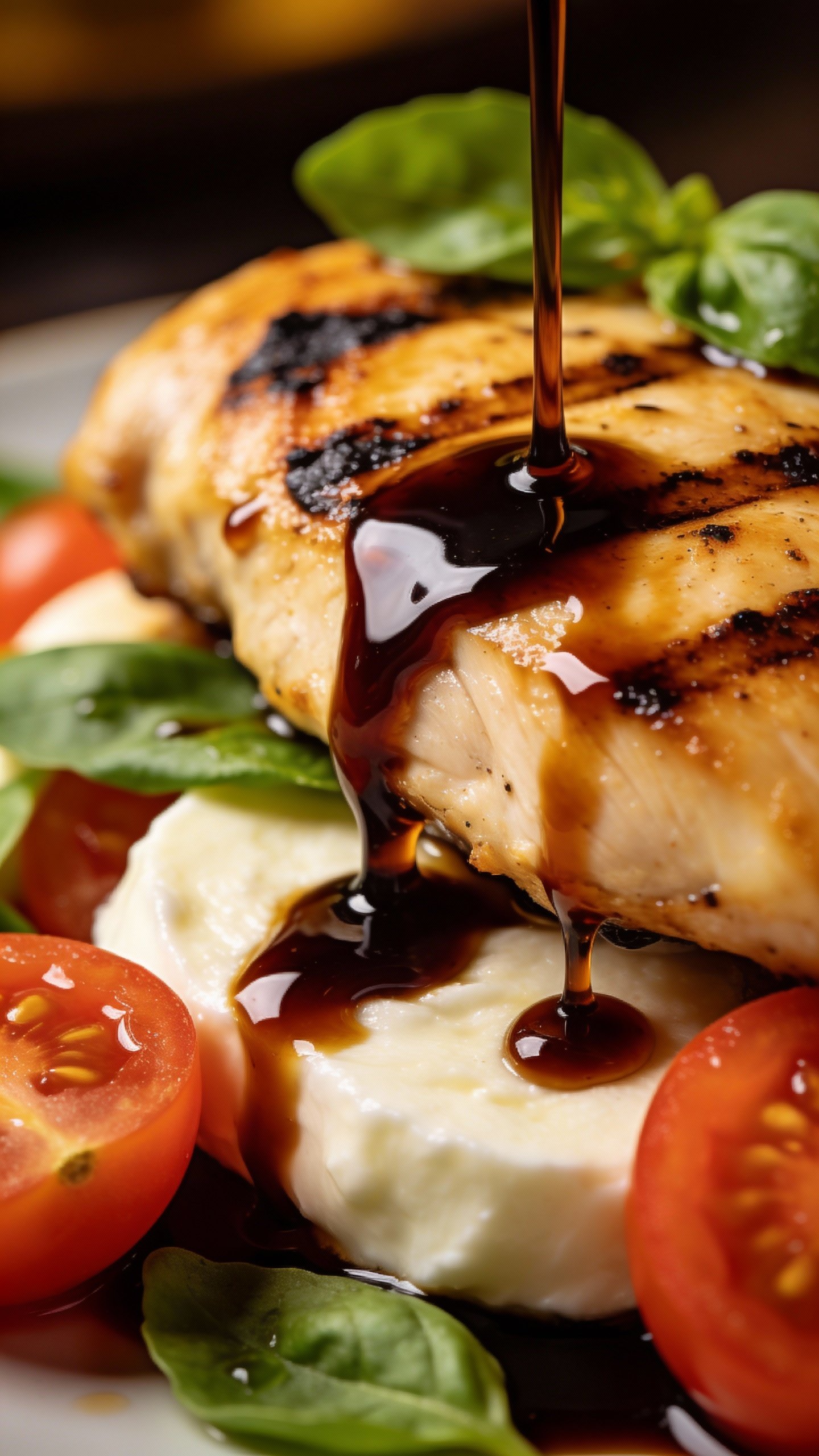glossy balsamic glaze dripping on caprese chicken closeup