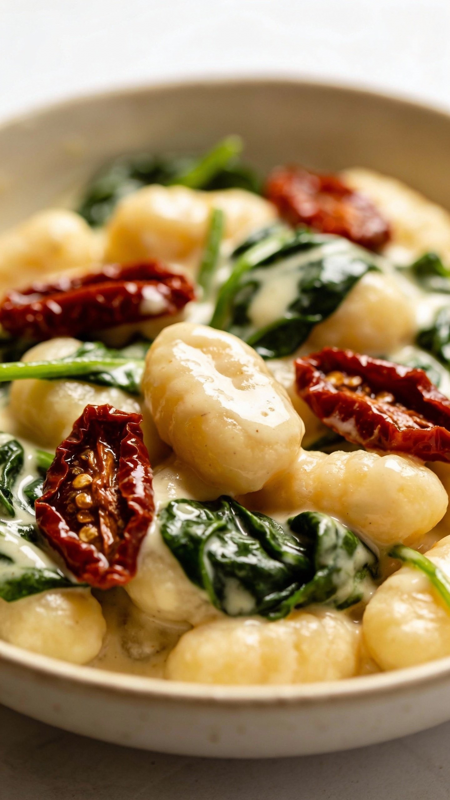 closeup bowl of creamy gnocchi with spinach and sun-dried tomatoes