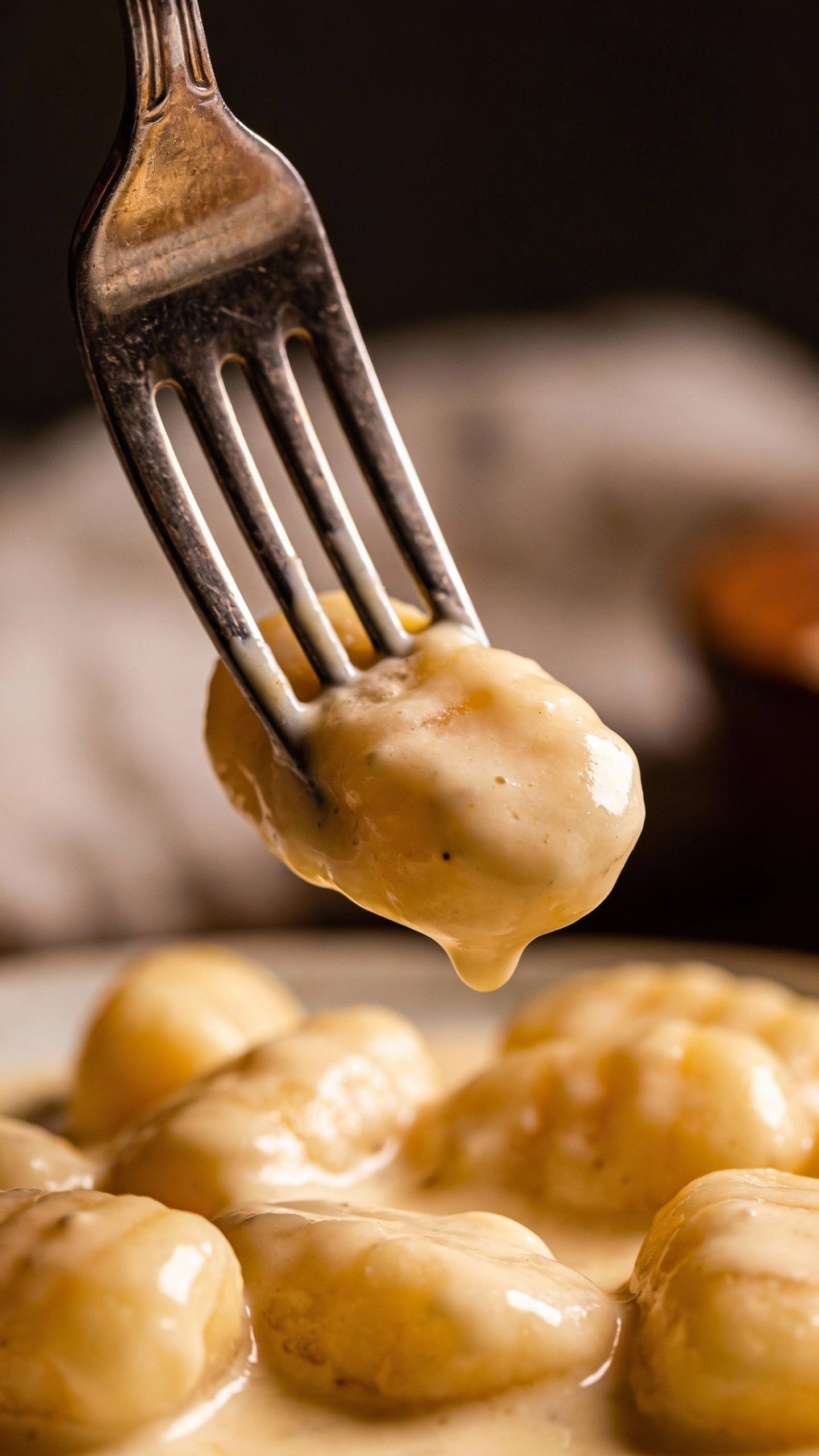 forkful of pillowy gnocchi coated in silky cream sauce