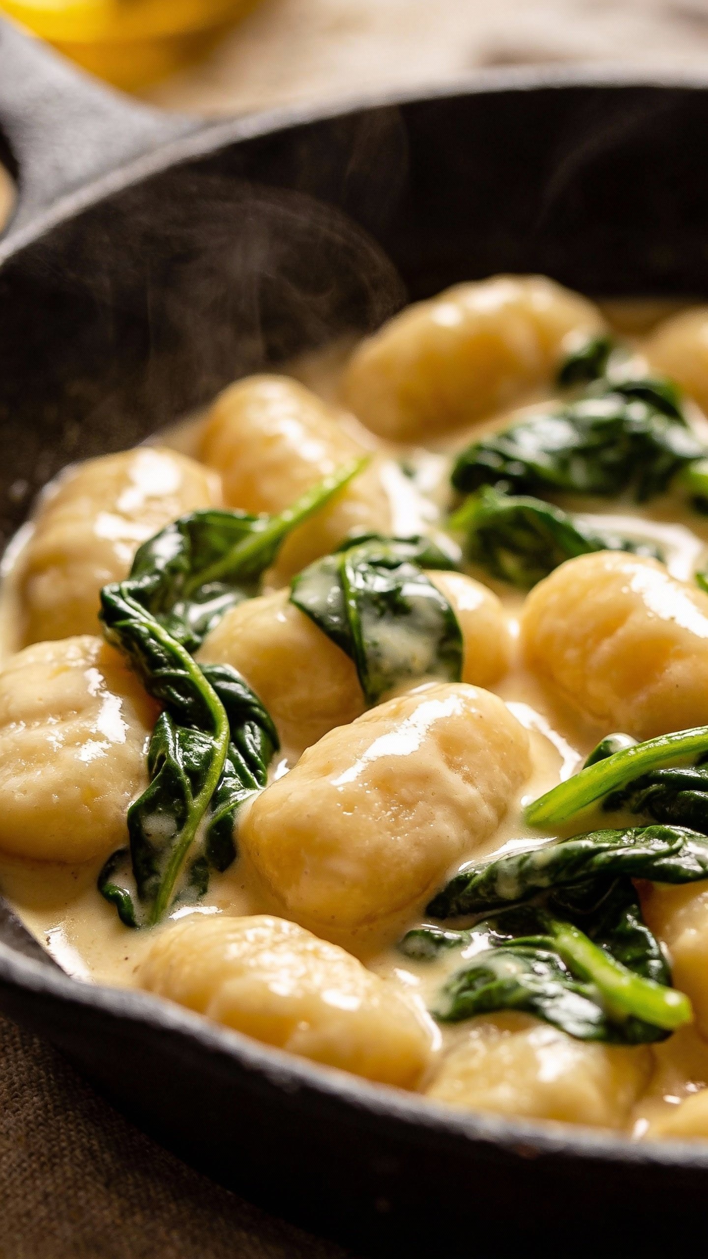 skillet of gnocchi in cream sauce with wilted spinach