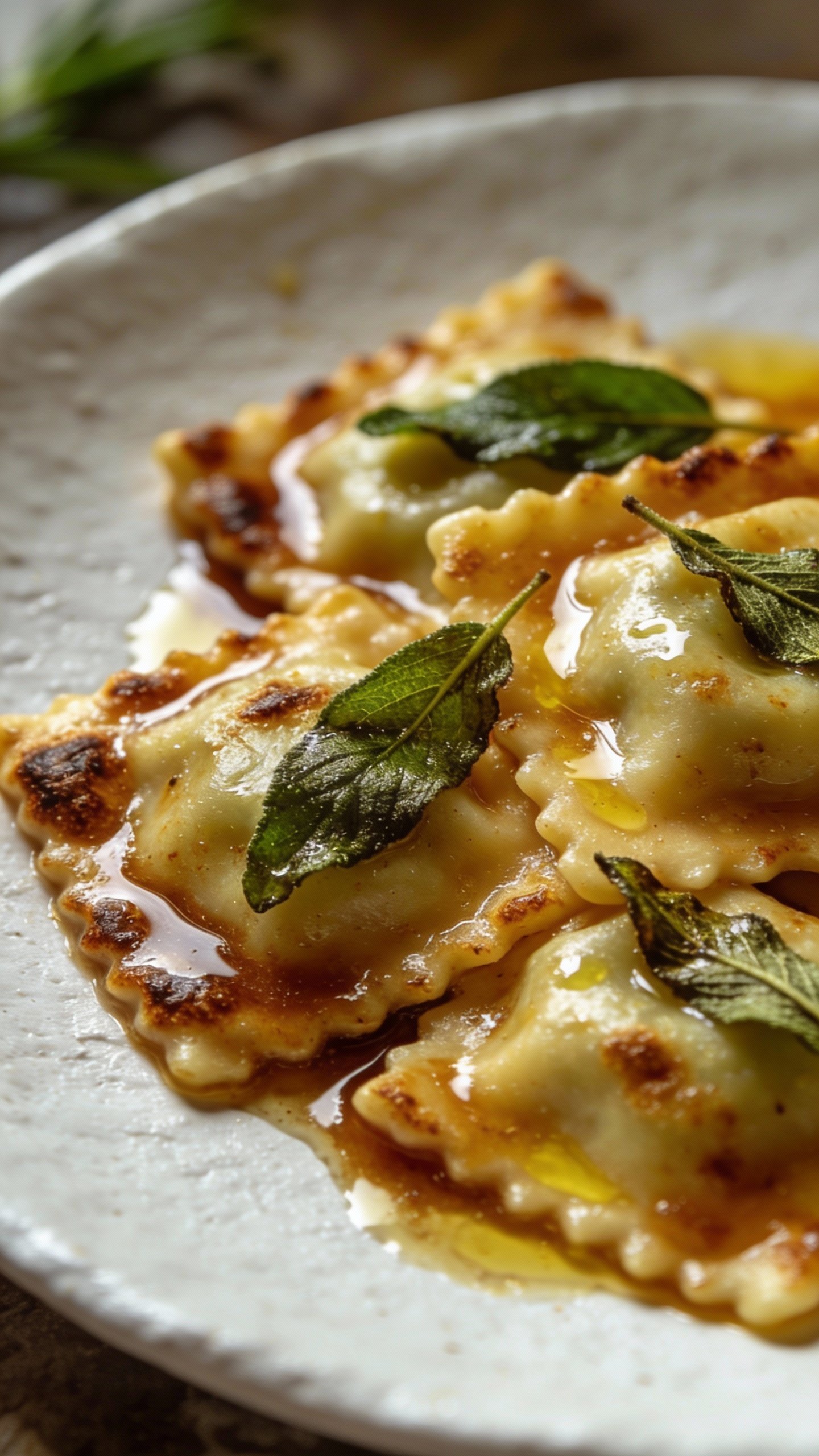 closeup of brown butter sage ravioli on matte white plate