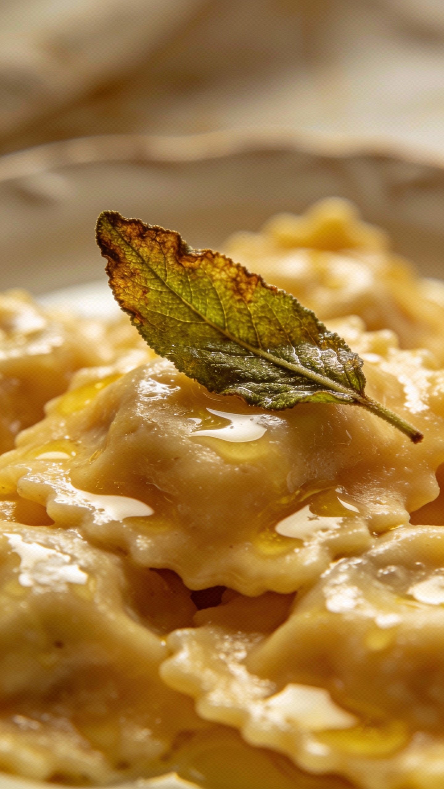single fried sage leaf on butter-glossed ravioli, shallow depth