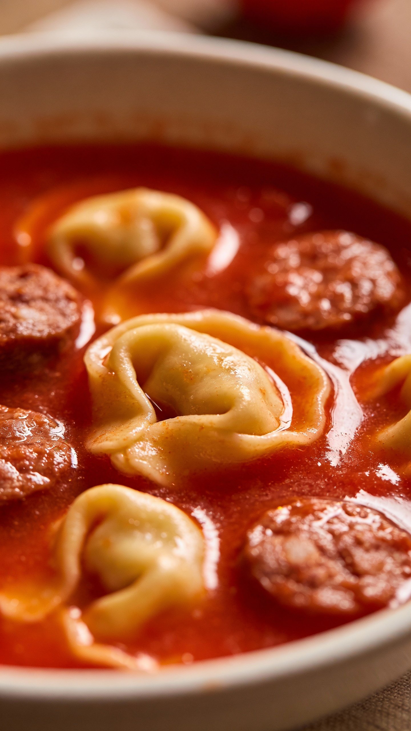 Closeup bowl of Italian sausage tortellini soup, brothy tomato base