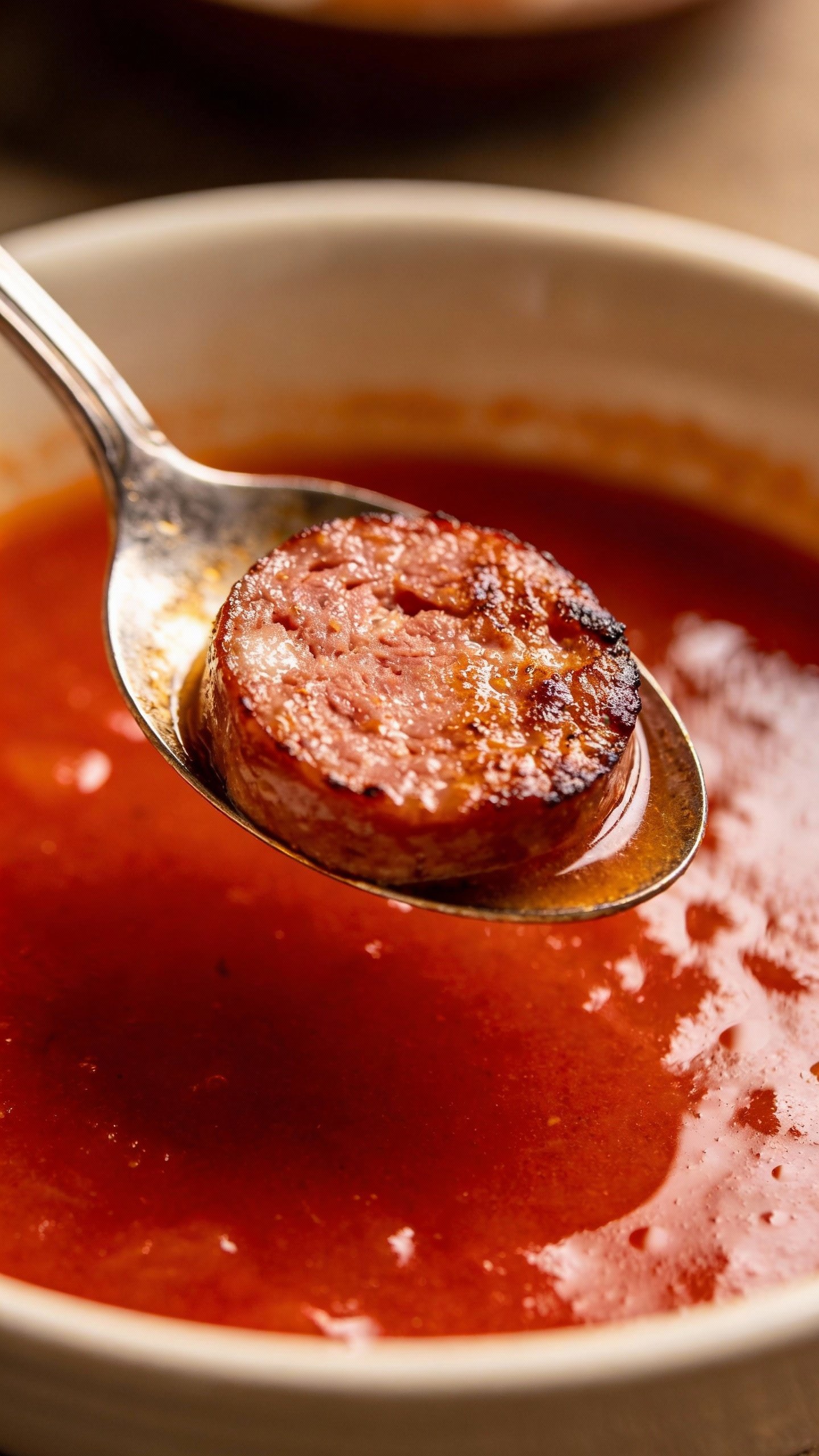 Seared Italian sausage slice on spoon over tomato broth
