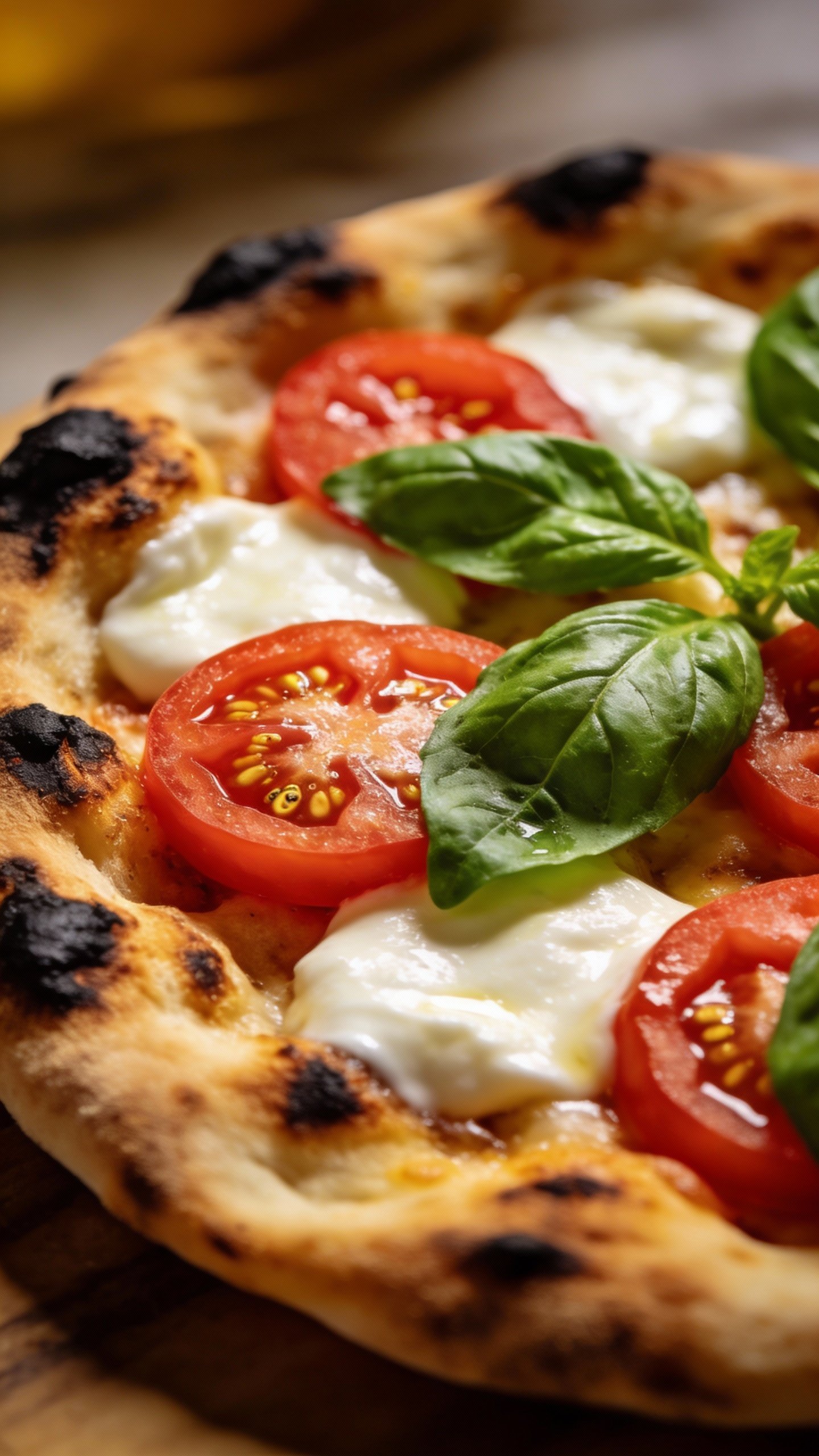 closeup tomato basil mozzarella flatbread on charred naan