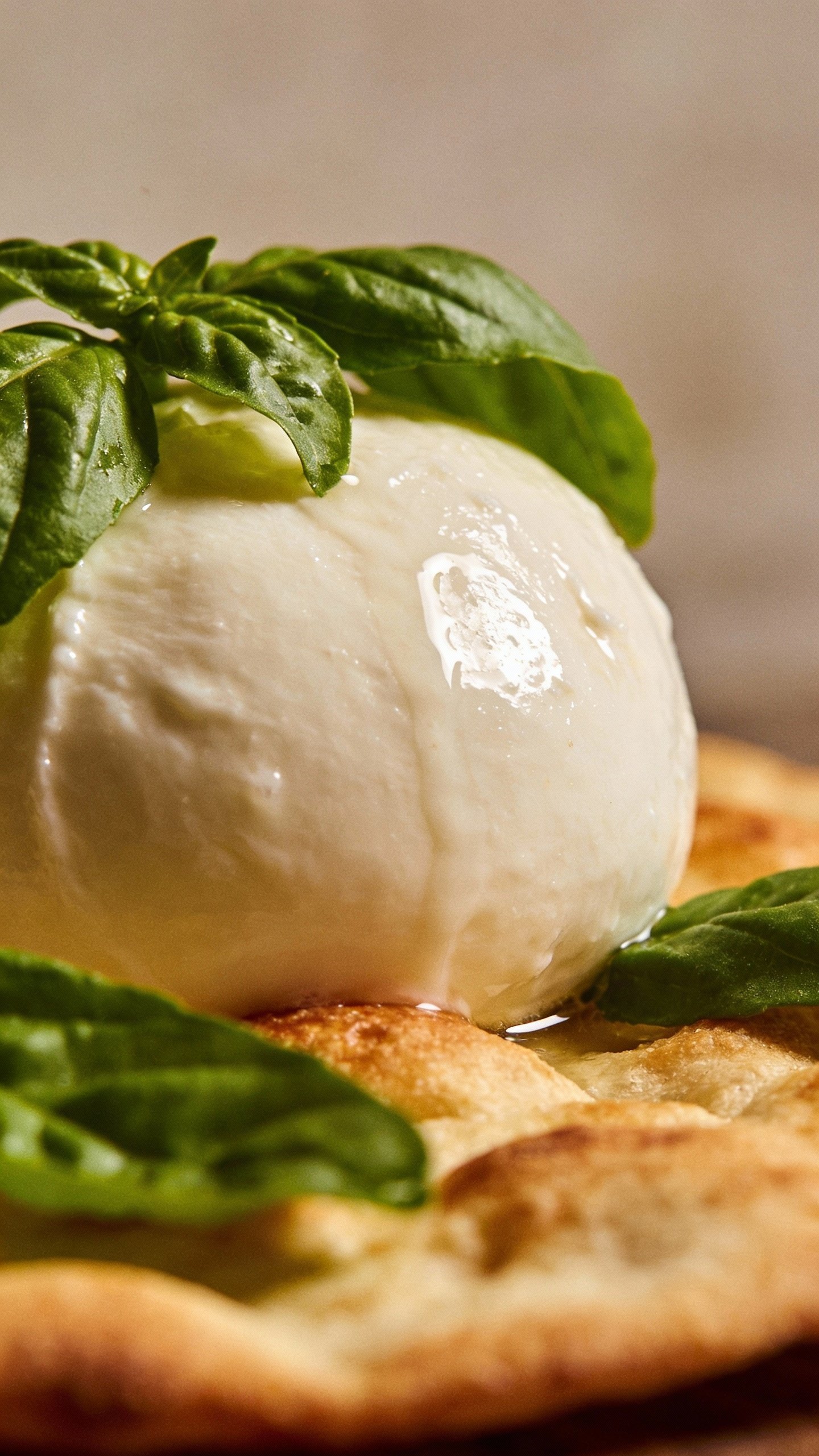 basil-topped mozzarella bubble on crisp flatbread, macro shot