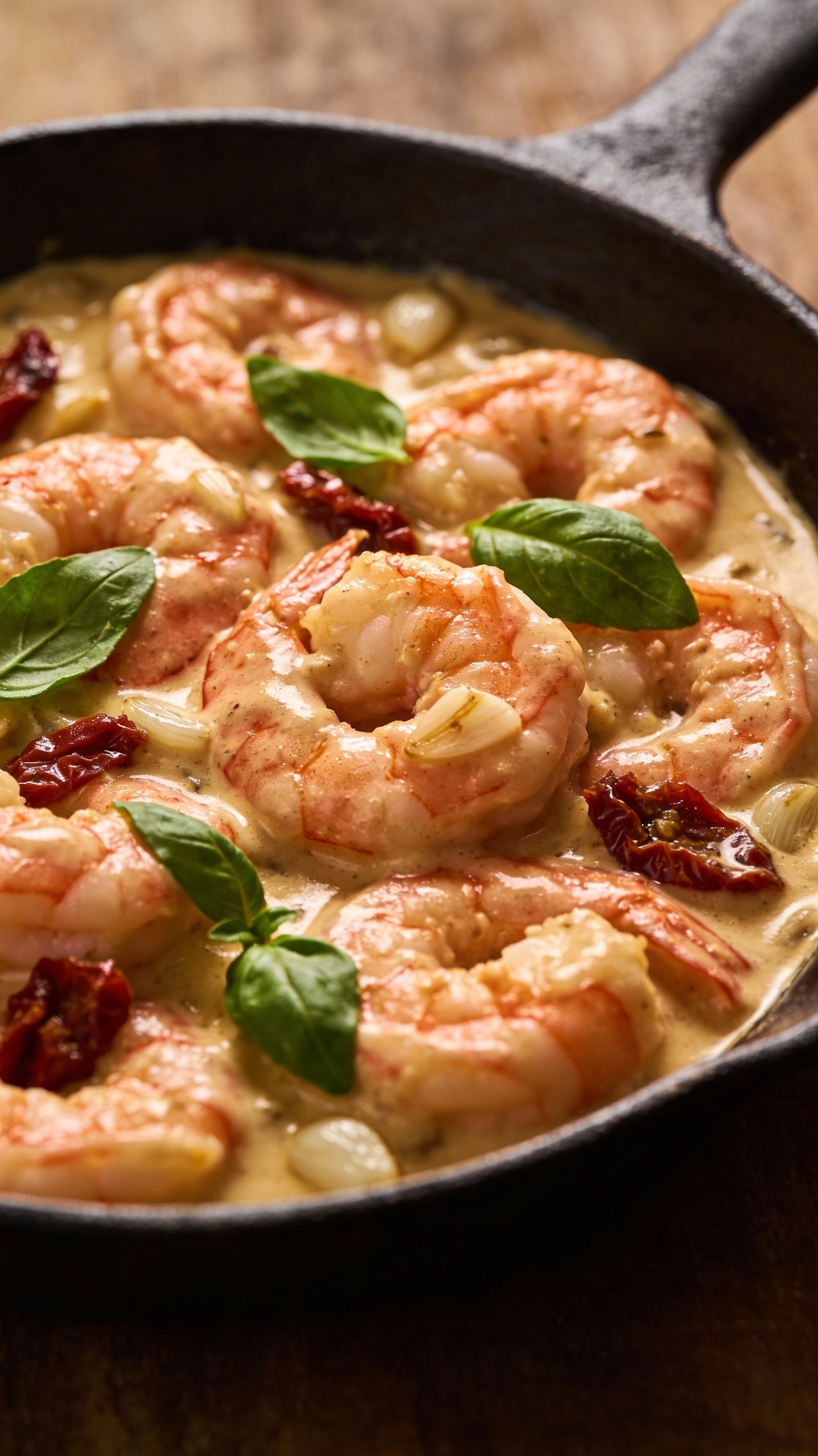 single skillet of creamy Tuscan shrimp, basil garnish