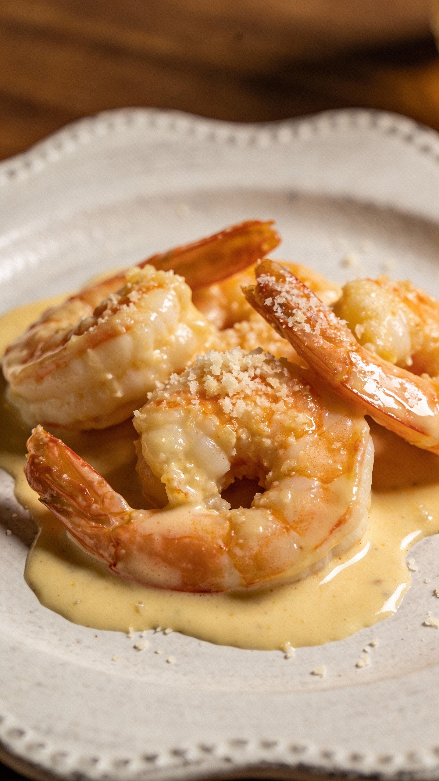 plated garlic butter shrimp in cream sauce, parmesan sprinkle
