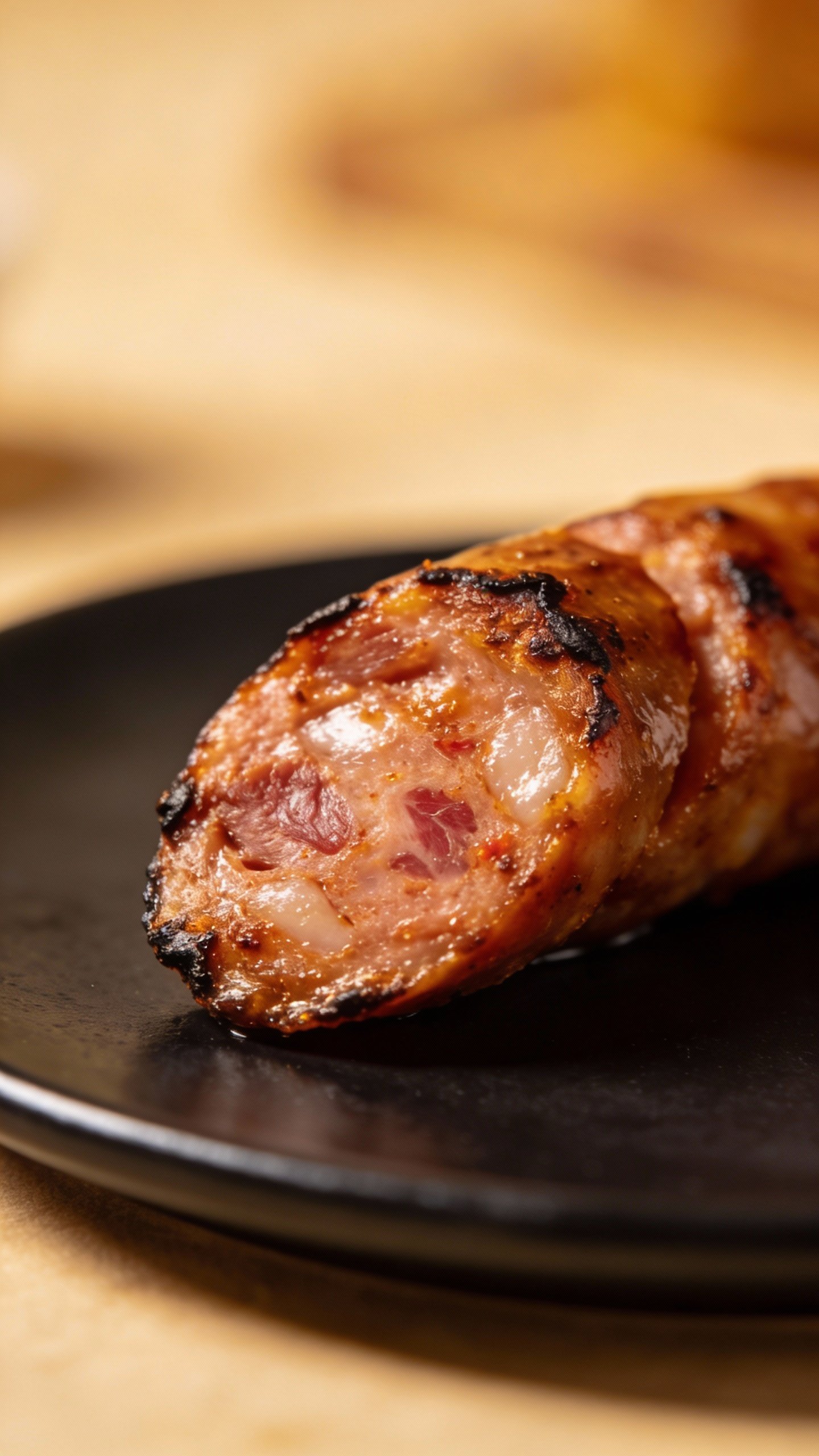 Spicy Italian sausage slice, seared, on matte black plate