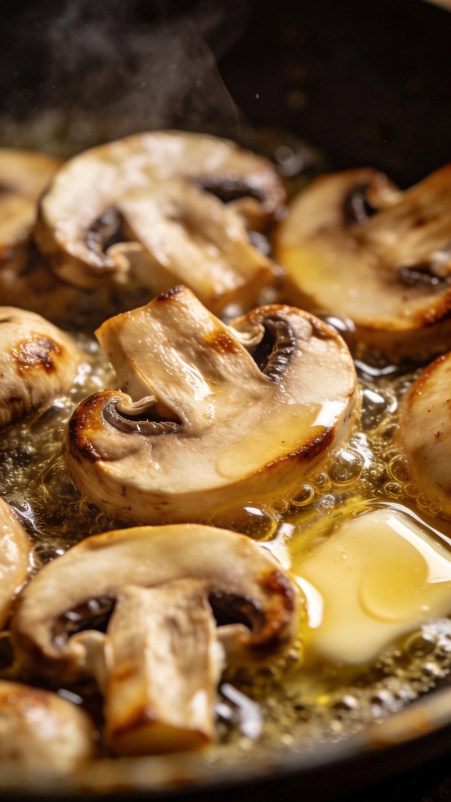 Cremini mushroom slices sautéing in butter, shallow depth of field