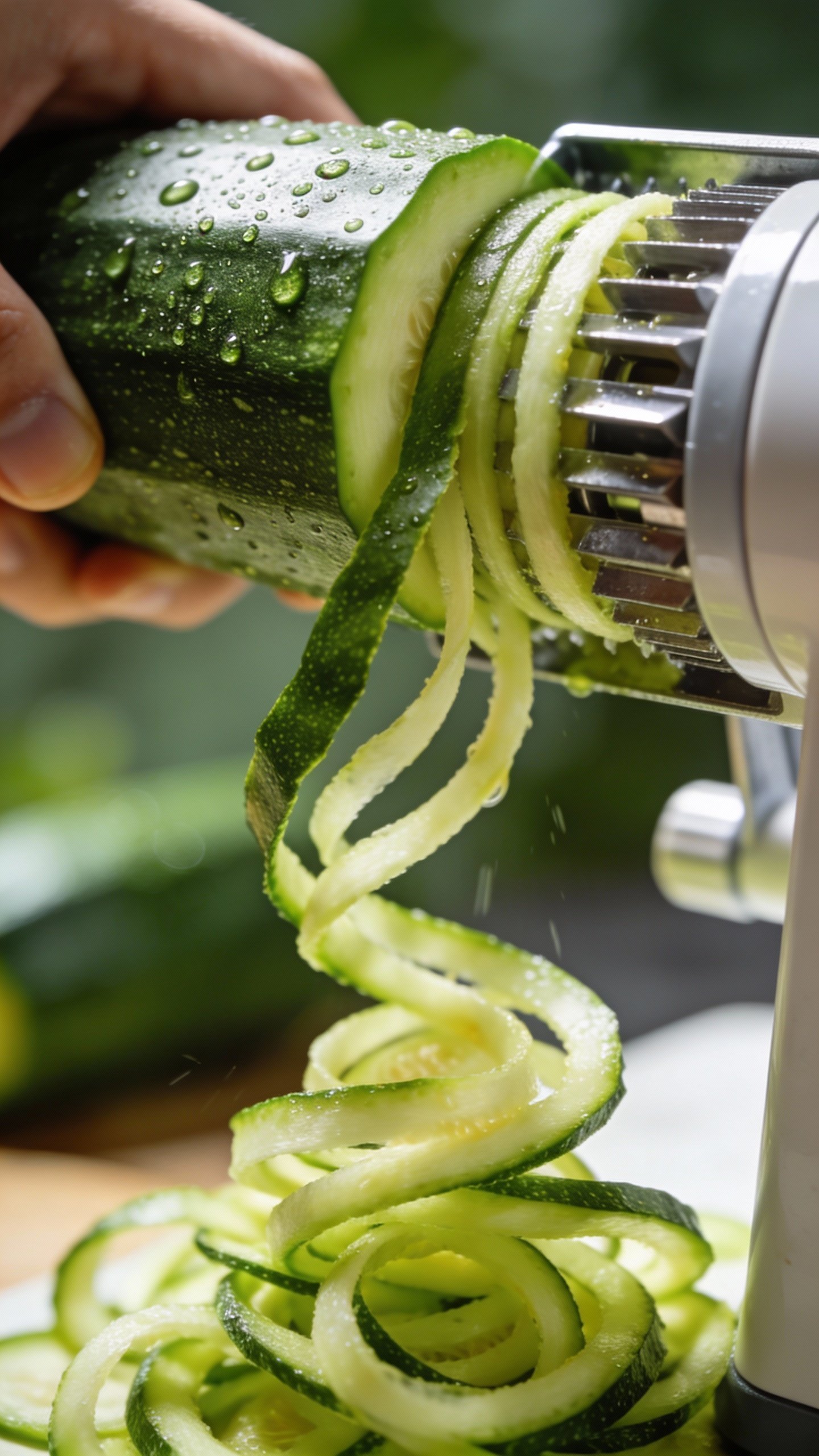 Handheld spiralizer cutting fresh zucchini into zoodles, macro