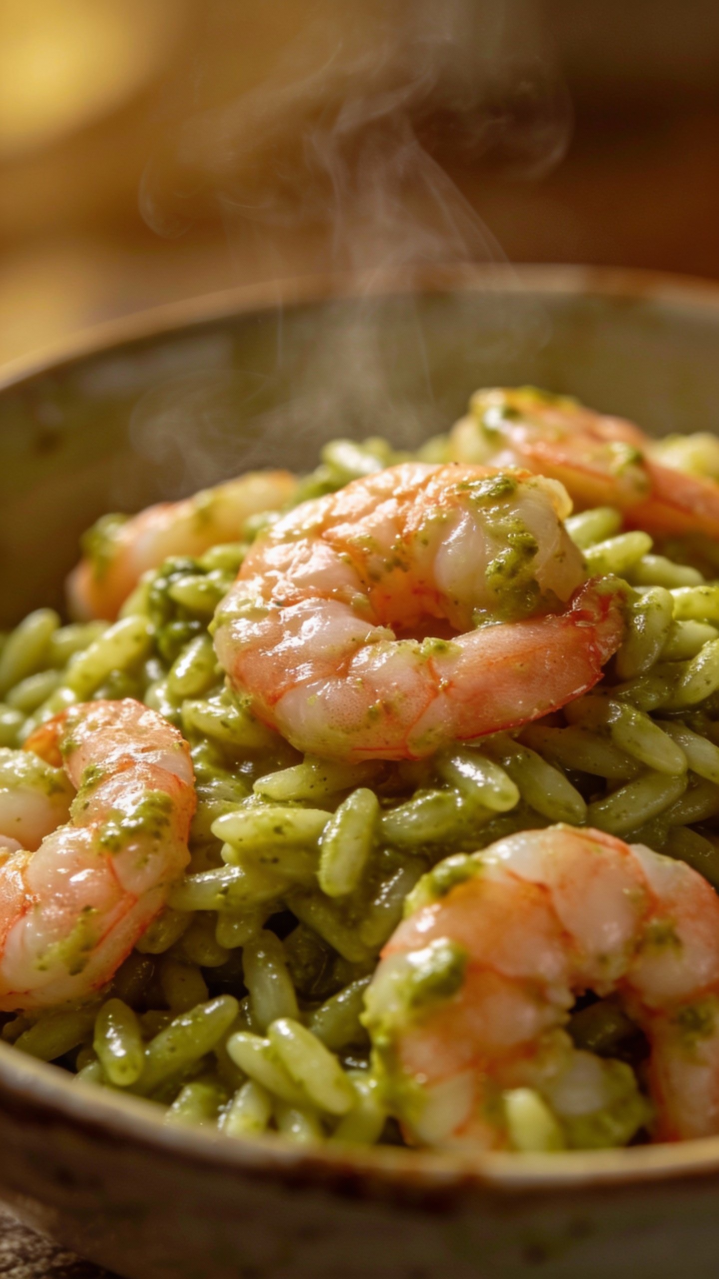 Closeup bowl of pesto shrimp orzo, glossy and steaming
