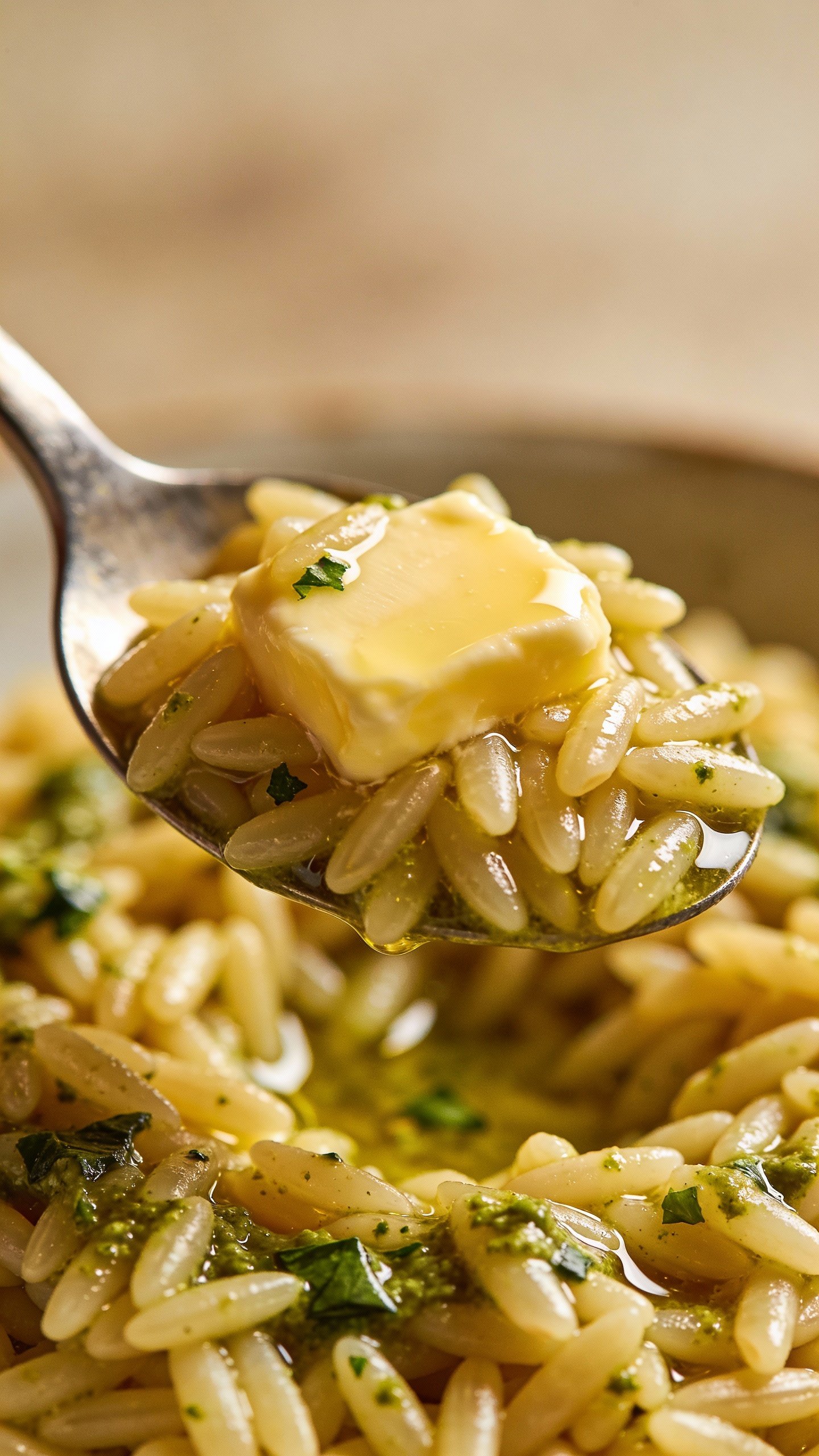 Spoonful of buttery orzo with basil pesto sheen