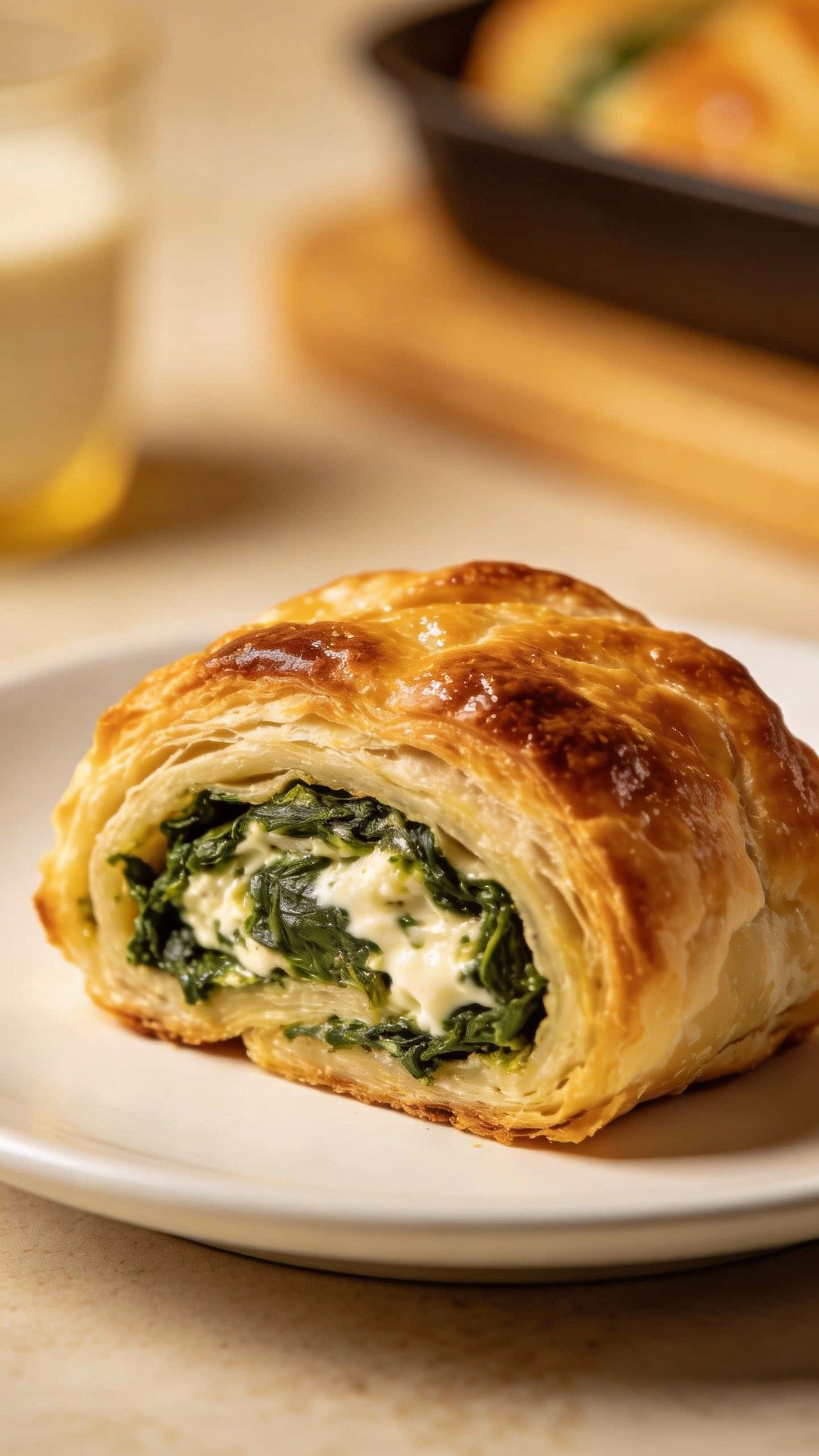 closeup of baked spinach ricotta roll on white plate