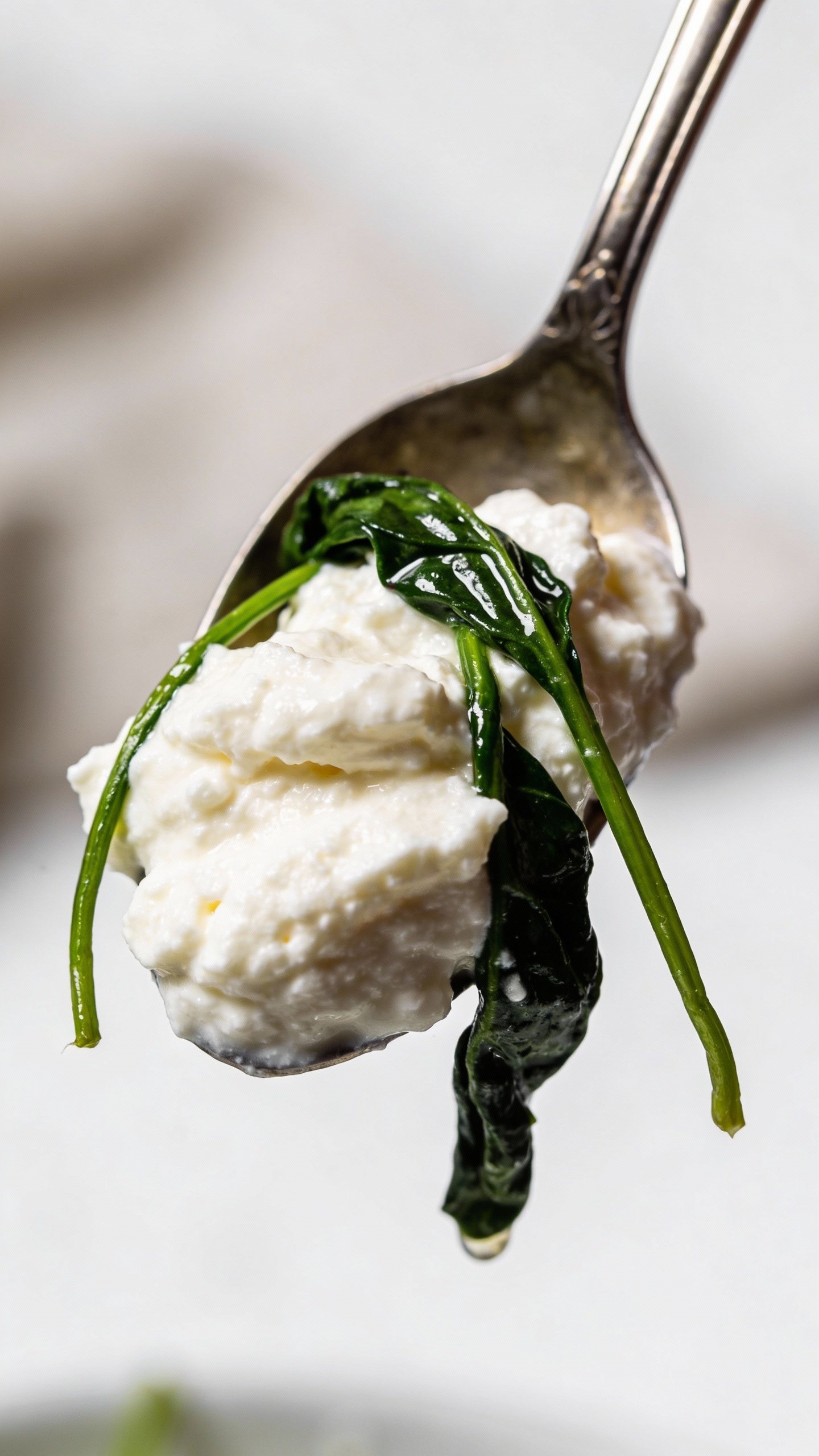 spoonful of creamy ricotta with wilted spinach, studio lighting