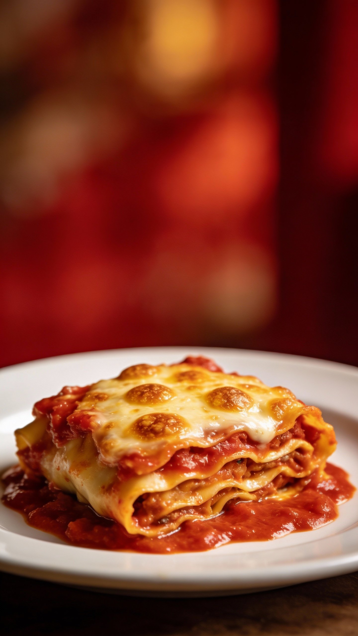 single golden-bubbled lasagna roll in marinara, shallow depth-of-field