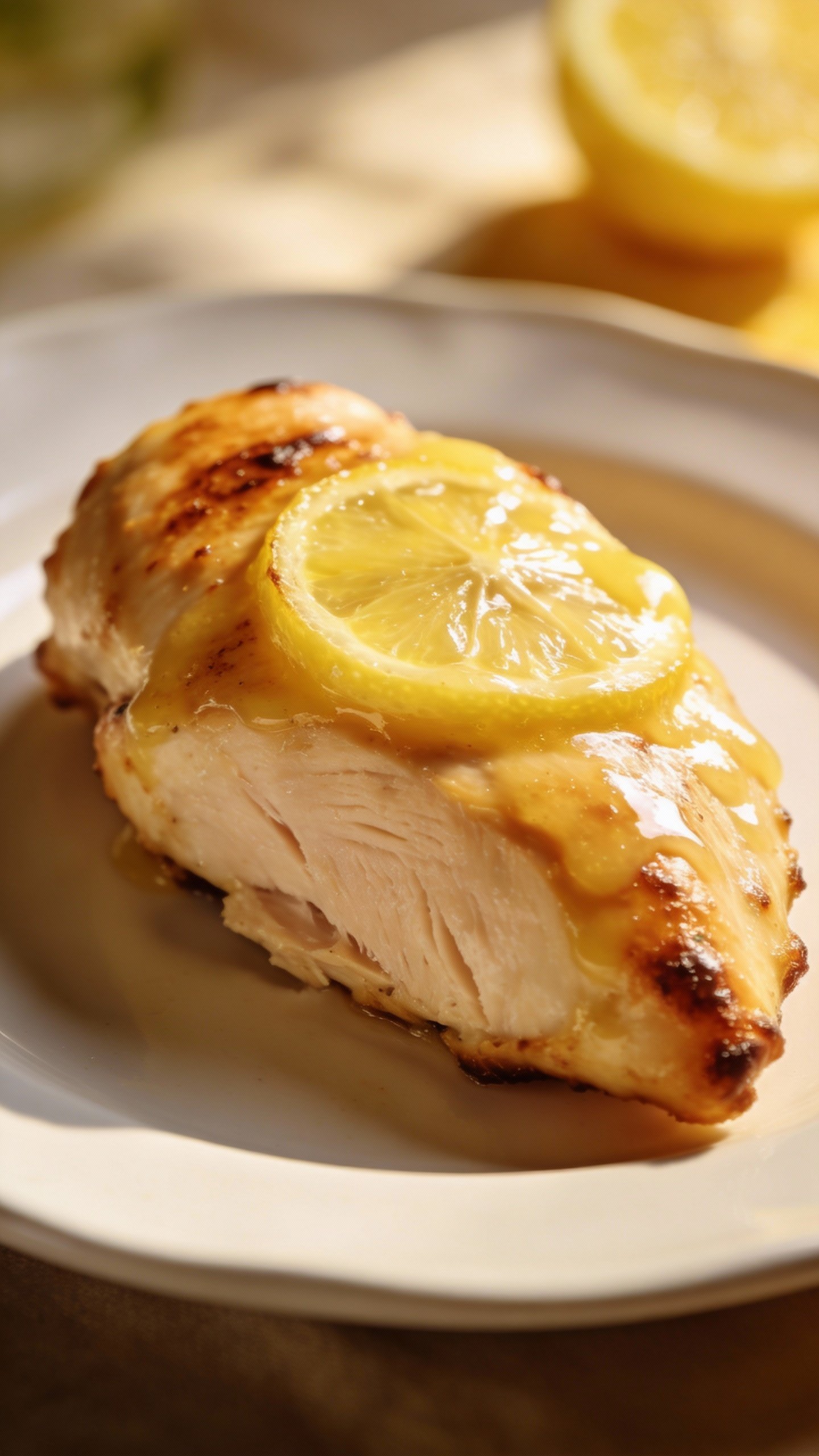 lemon-brushed roast chicken breast on white plate