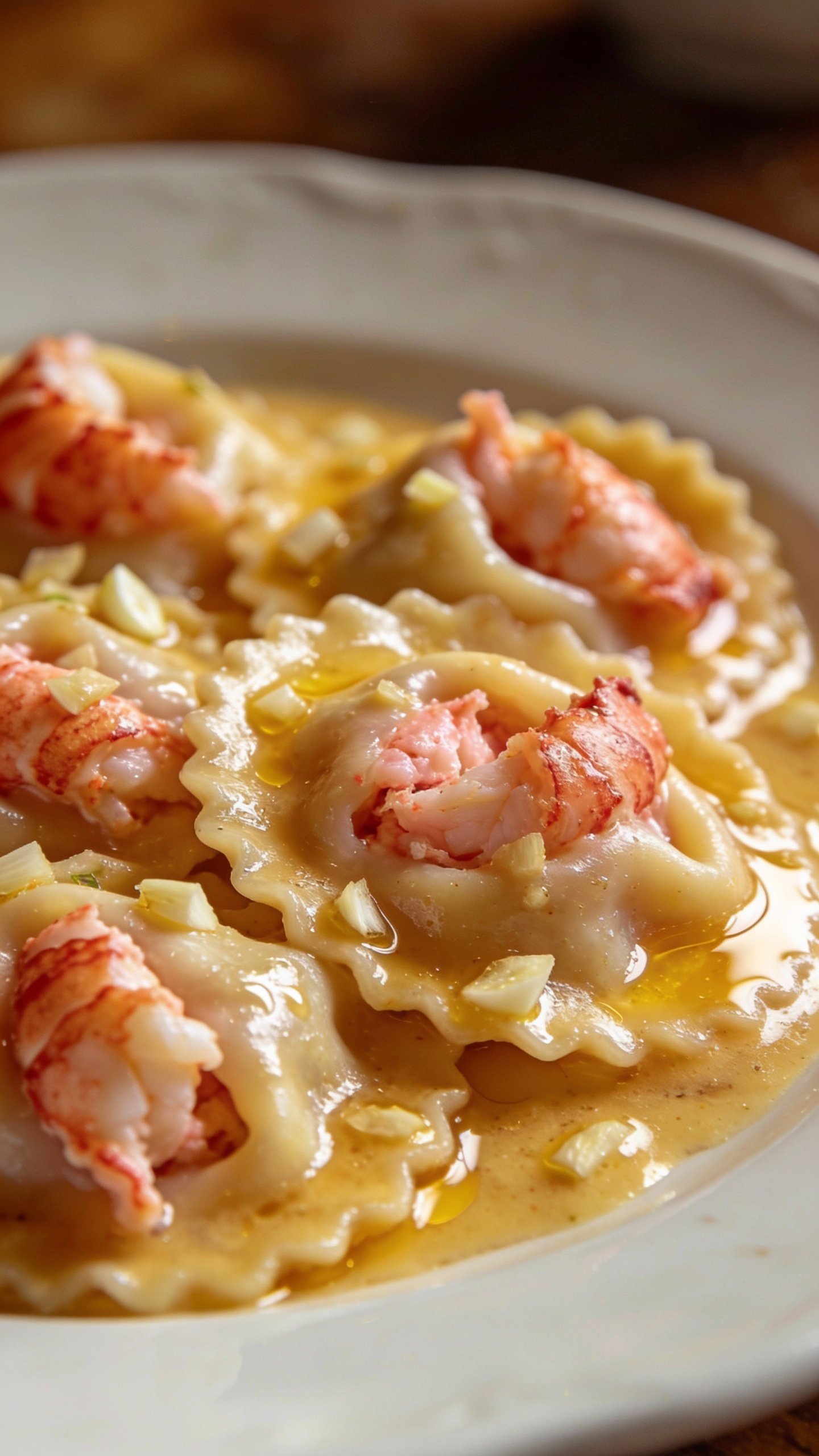 closeup lobster ravioli in garlic butter sauce on white plate