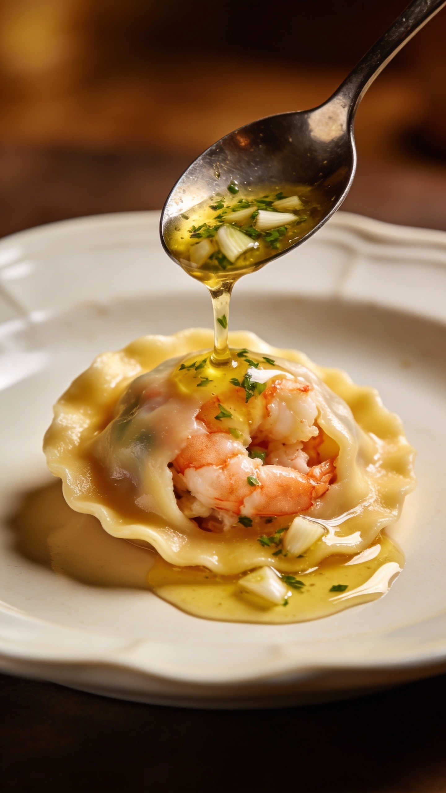 melted garlic herb butter spoon over single lobster raviolo