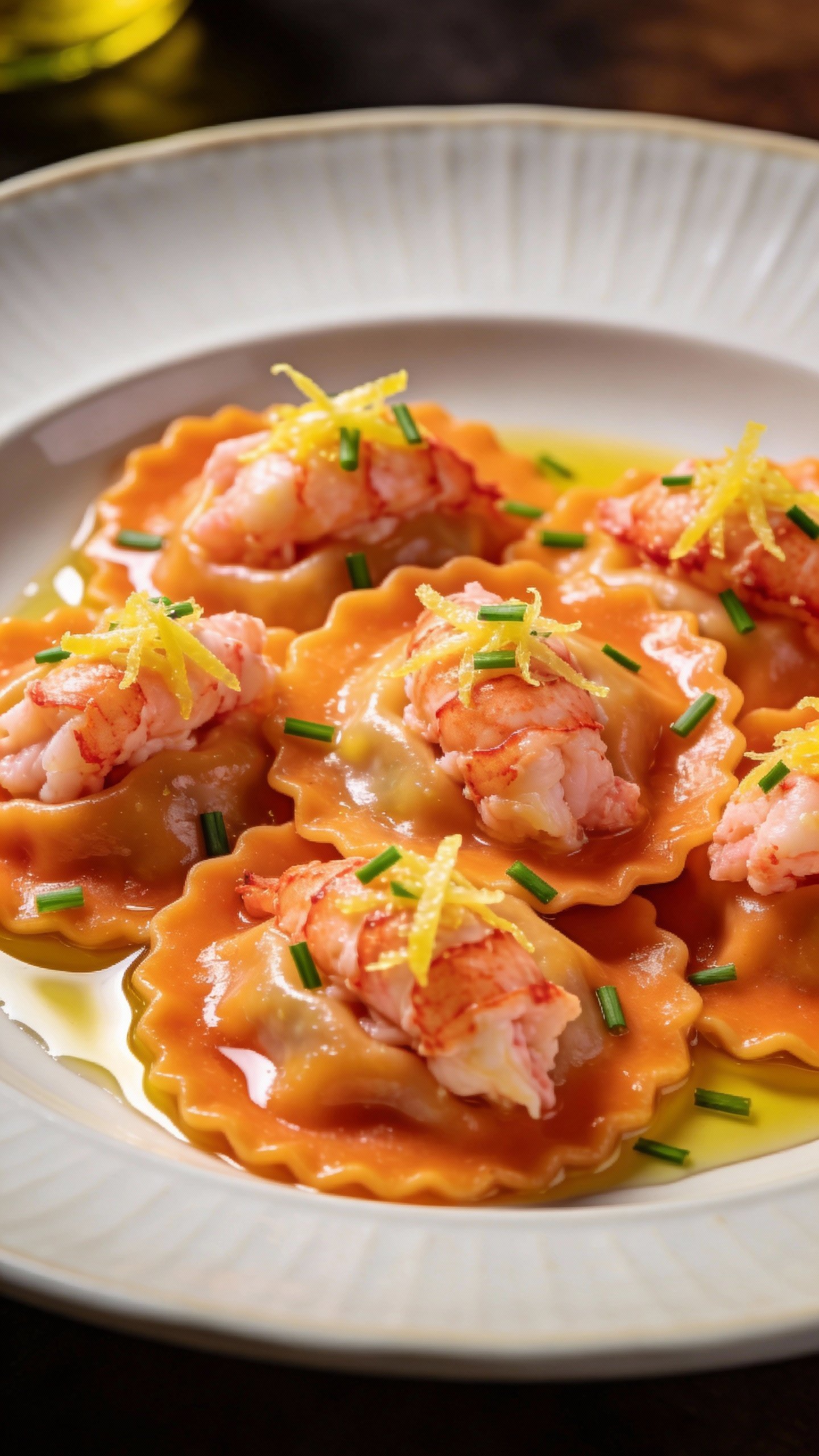 fresh lobster ravioli topped with lemon zest and chives