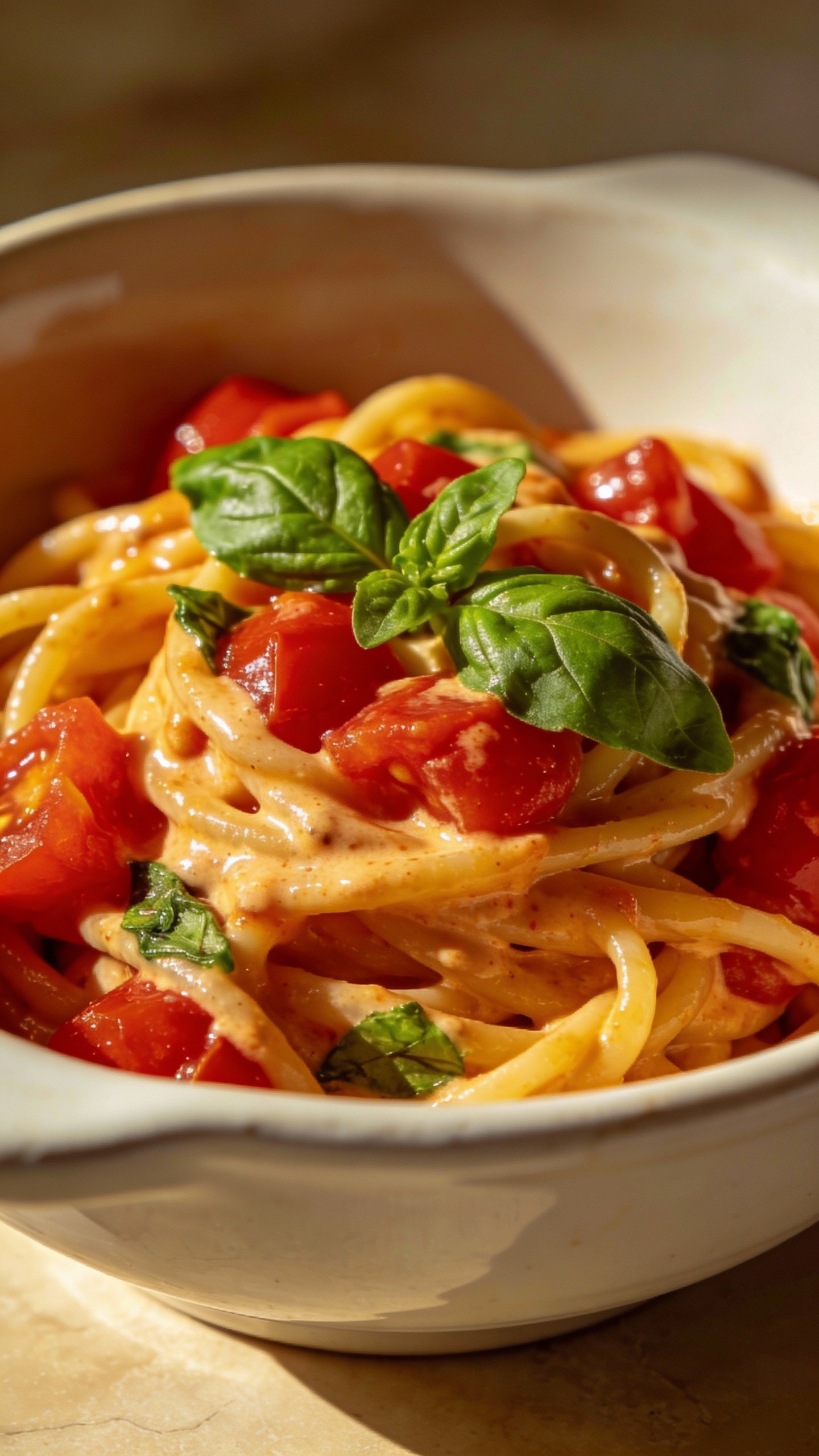 closeup bowl of creamy tomato basil pasta, shallow depth