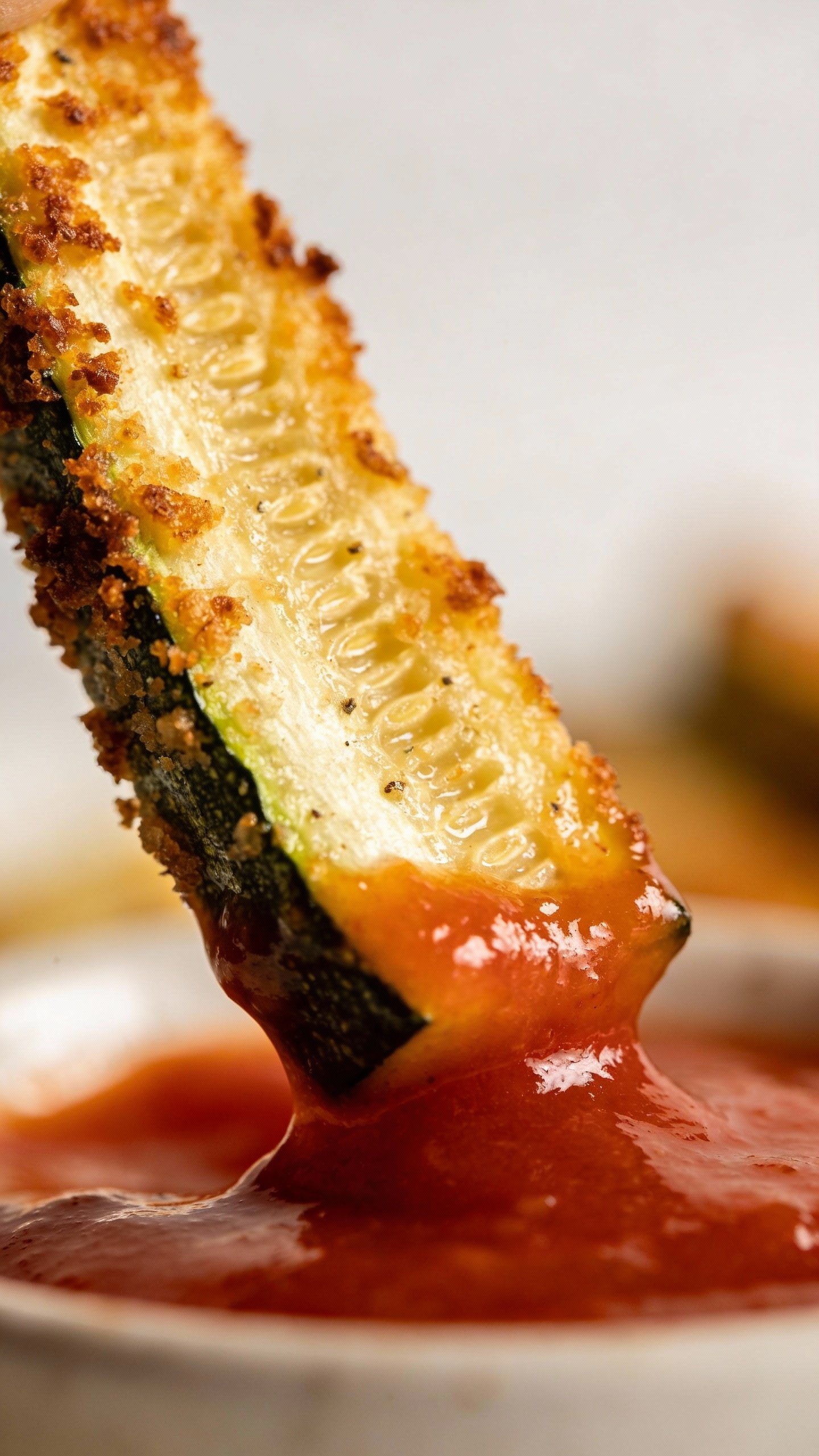 single baked zucchini fry dipped in marinara, macro