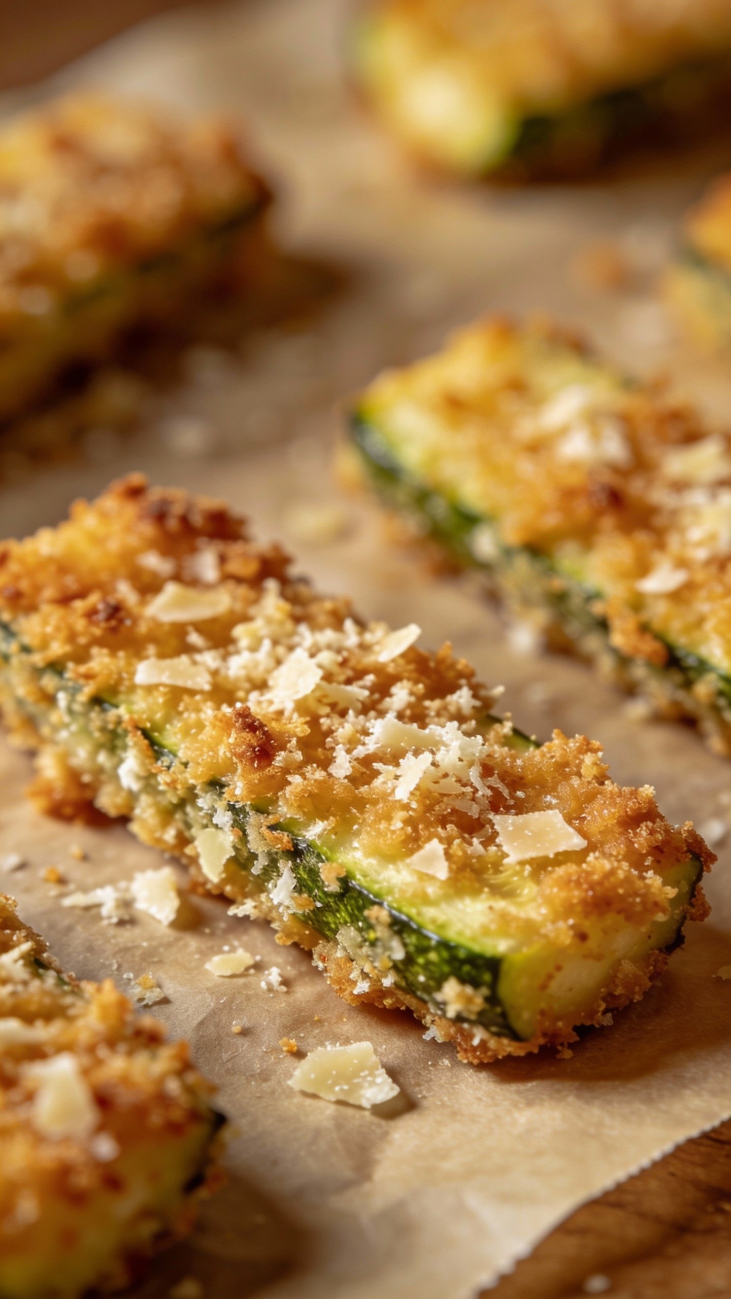 parmesan-dusted zucchini fry on parchment, crisp golden crust